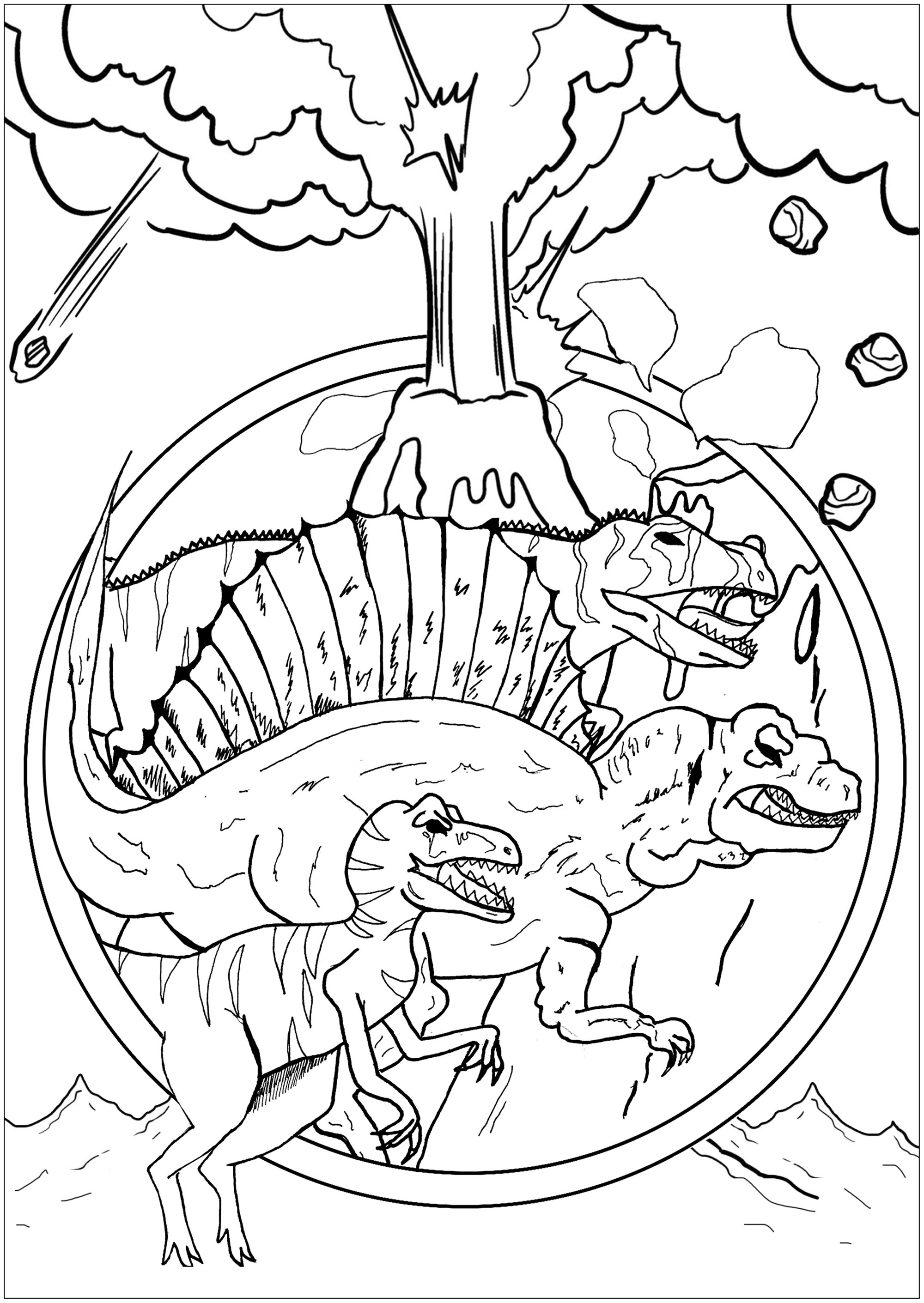 desenho para colorir para crianças, dinossauro em uma selva, de