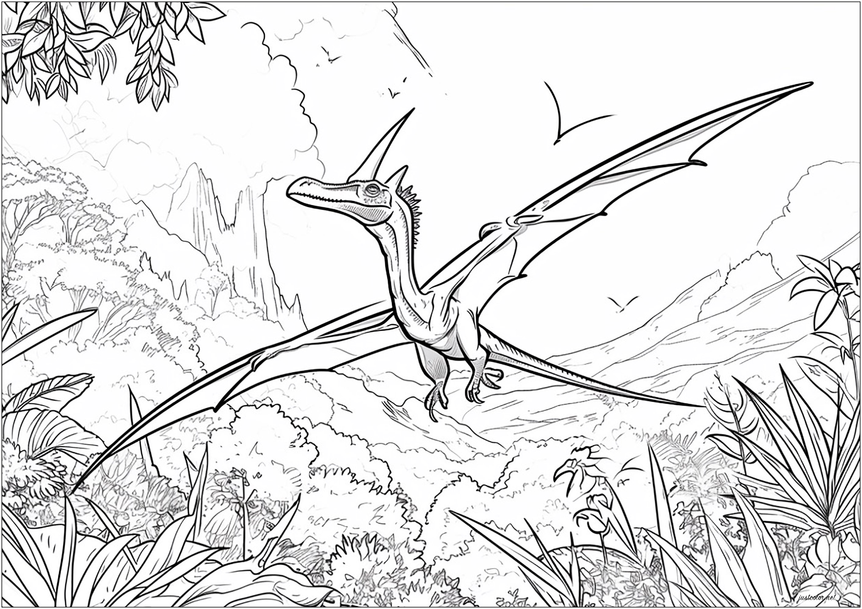 Página de Dinossauros para colorir : Pterodáctilo sobre uma floresta Página de Dinossauros para colorir e imprimir para adultos : Pterodáctilo sobre uma floresta