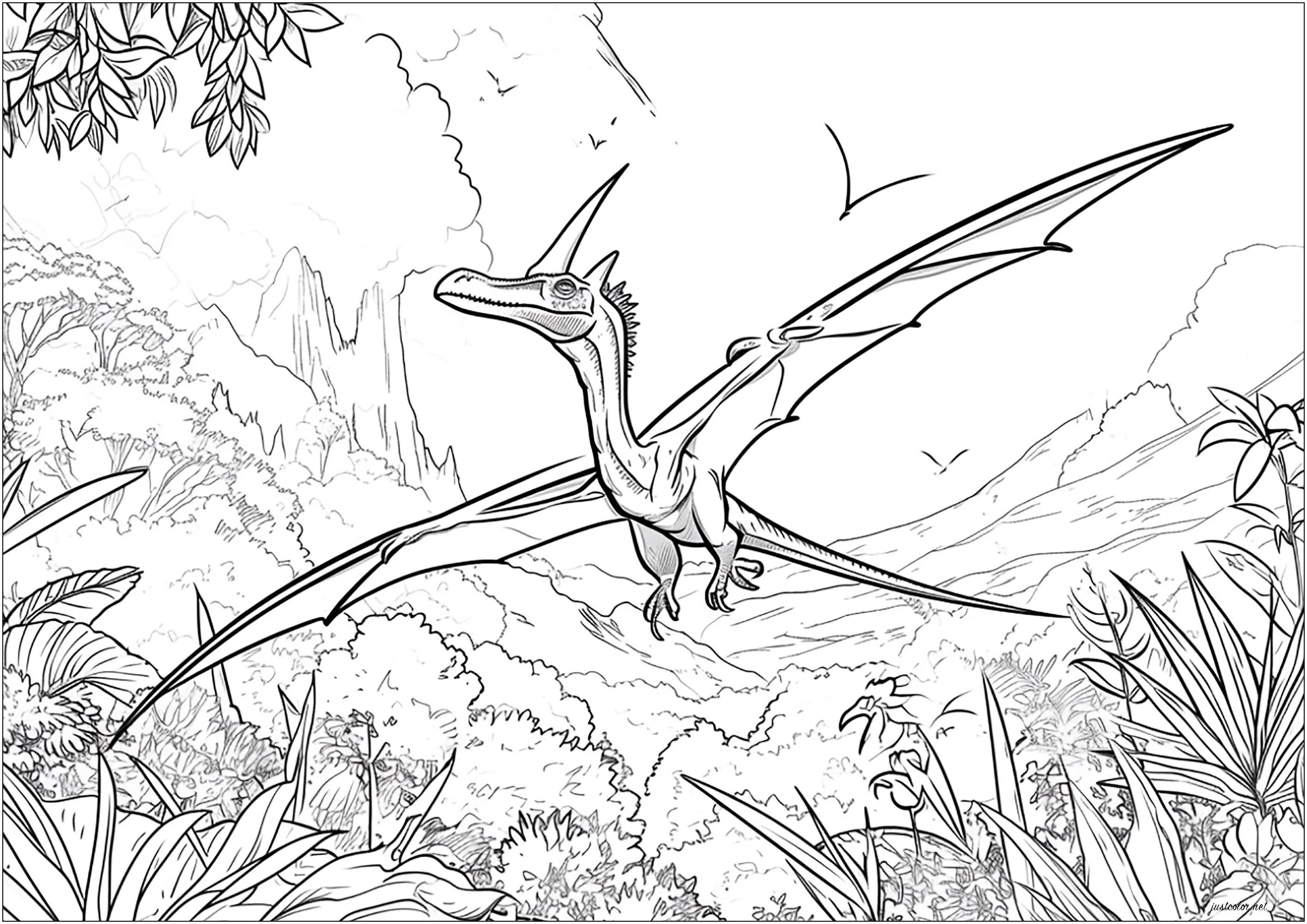 Pterodáctilo sobre uma floresta (Página de Dinossauros para colorir e imprimir para adultos)