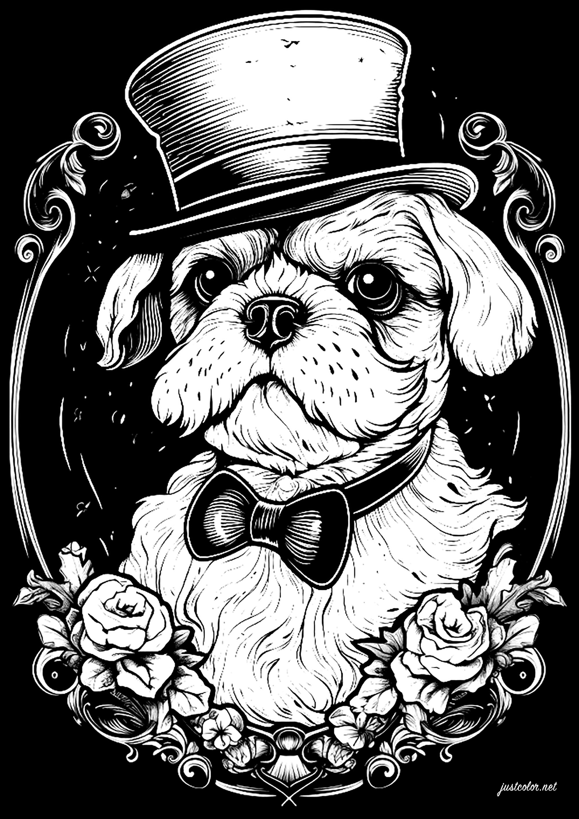 Cão com um chapéu. Colorir sobre um fundo preto, com um estilo elegante e retro