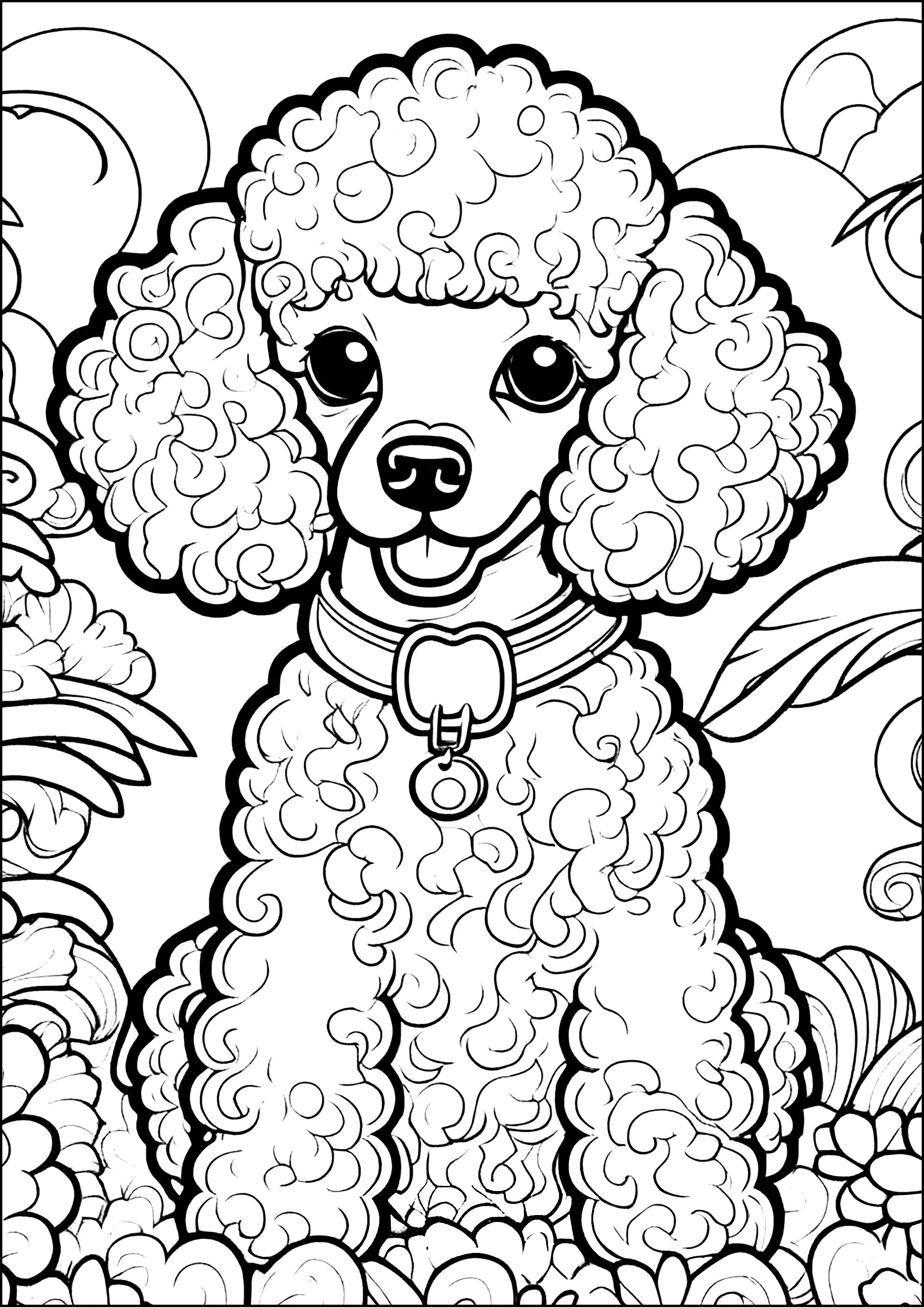 Poodle jovem com caracóis bonitos (Página de Cães para colorir e imprimir para adultos)