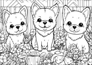 Página de Bicho De Estimacao para colorir e imprimir para adultos : Três cães pequenos num jardim de flores