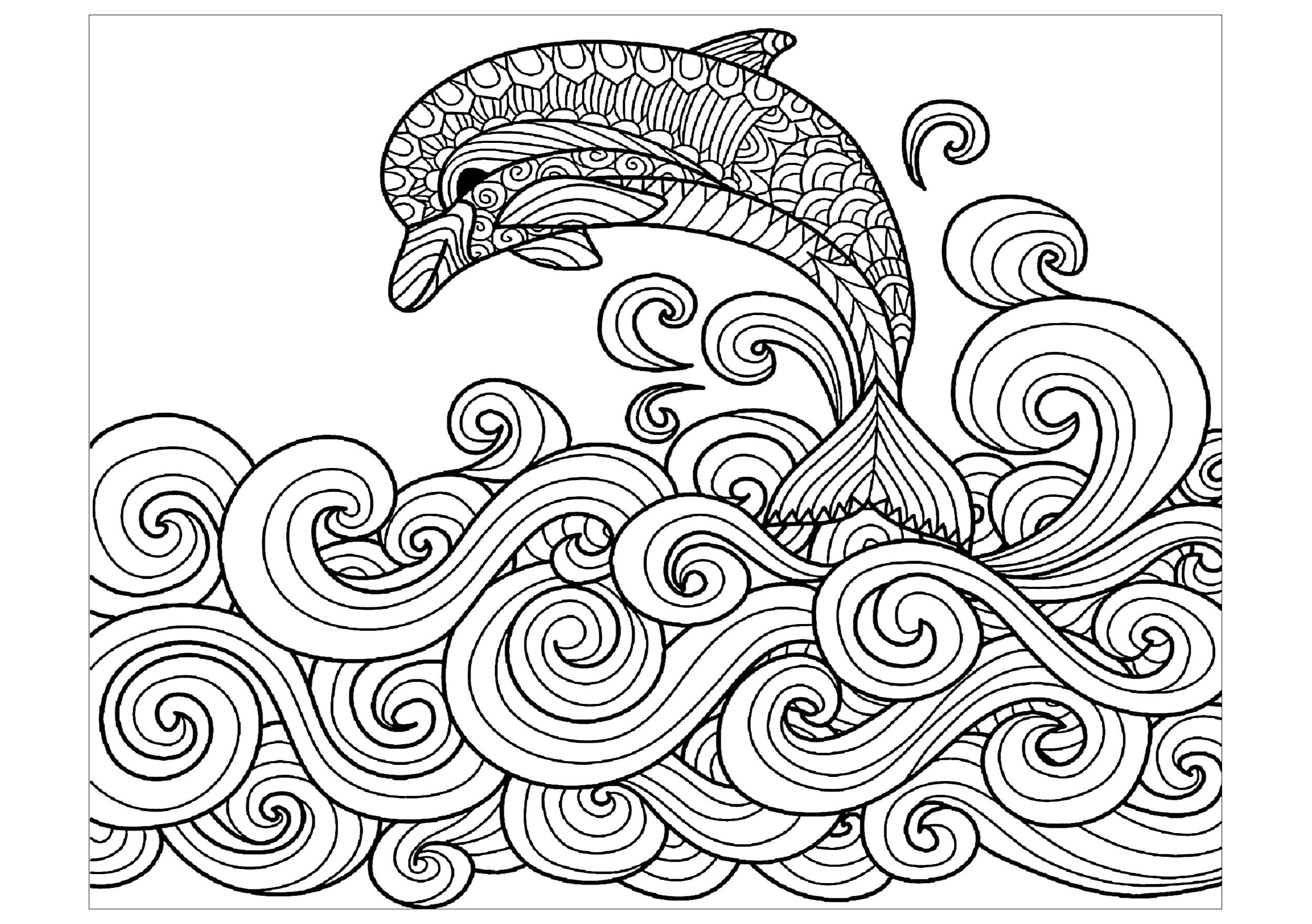 Golfinho com ondas simples (Página para colorir e imprimir para adultos)