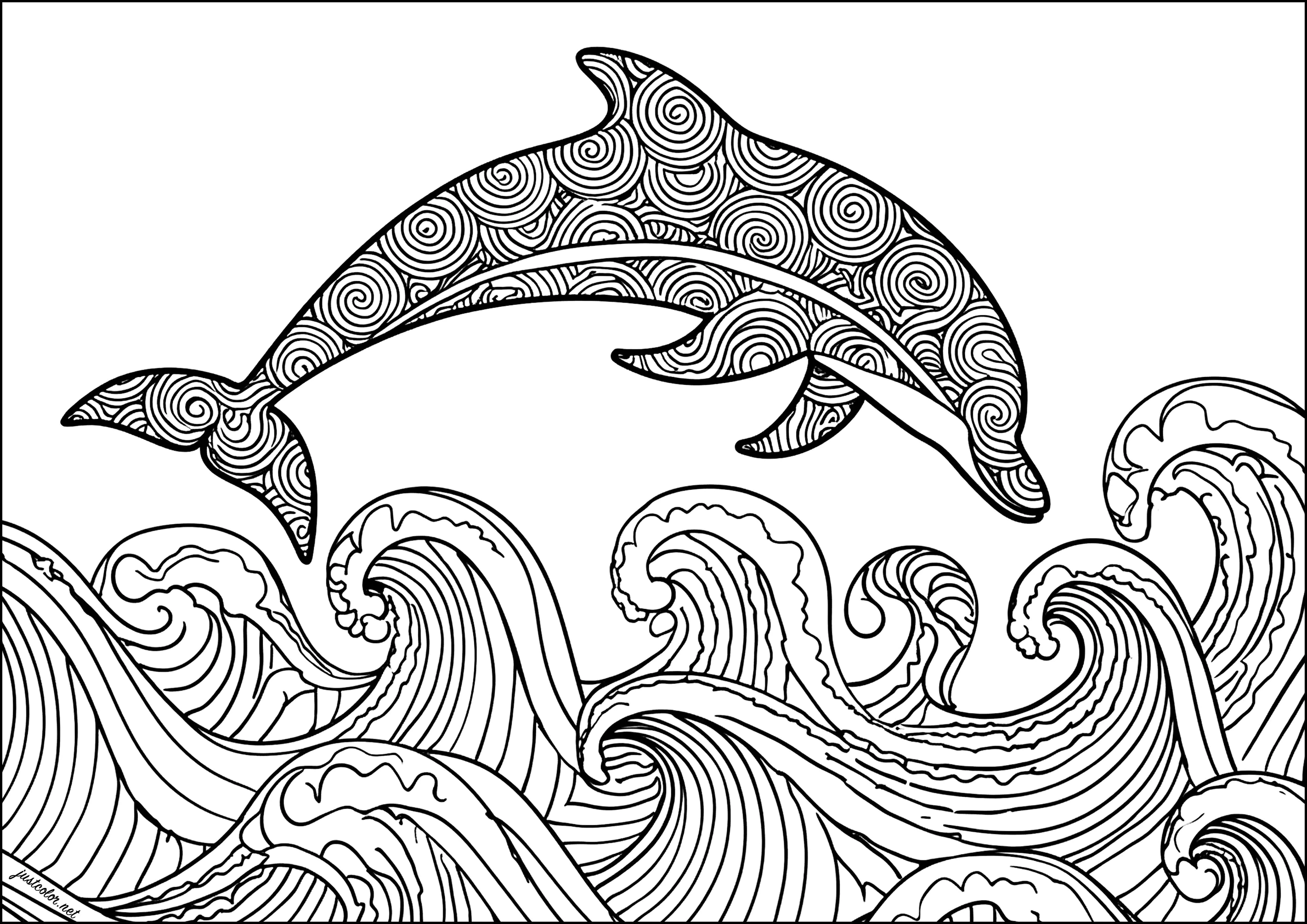 Ondas do mar com golfinhos a saltar por cima (Página para colorir e imprimir para adultos)