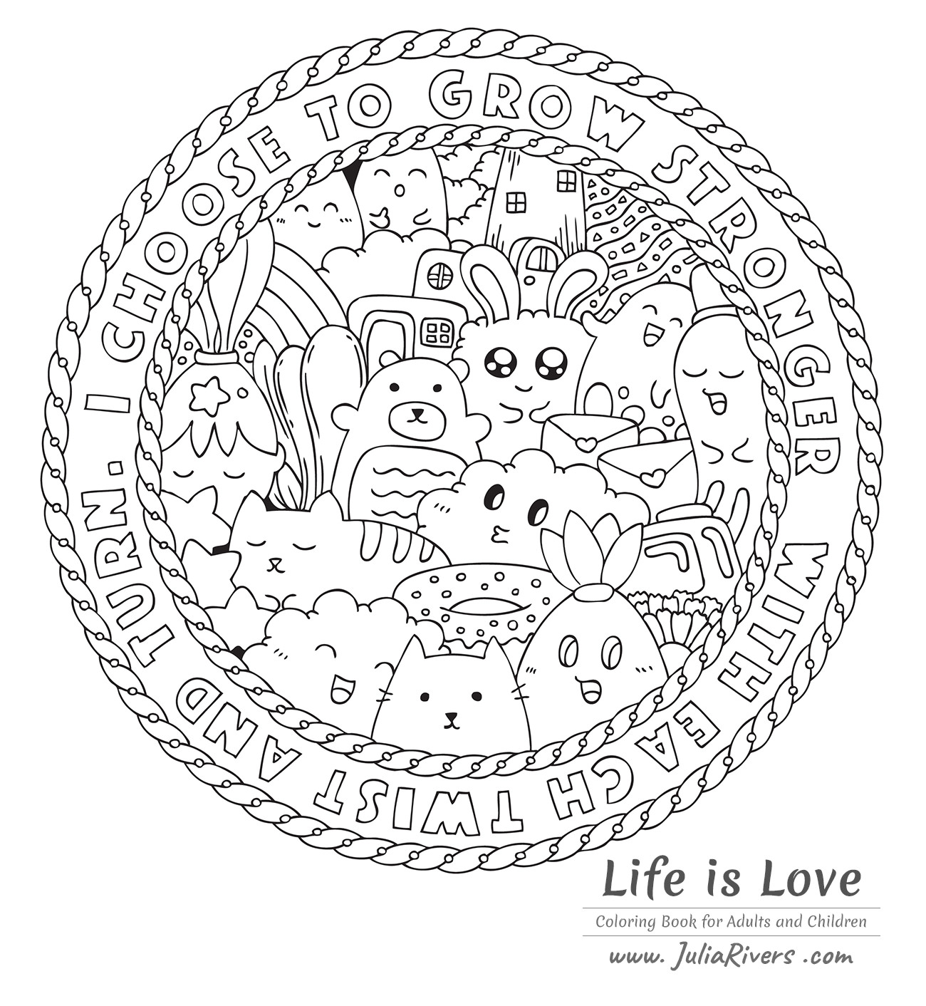 'A vida é amor' : Bela página colorida cheia de divertidos personagens Kawaii : gatos, ursos, coelhos ... e até um Donut :)