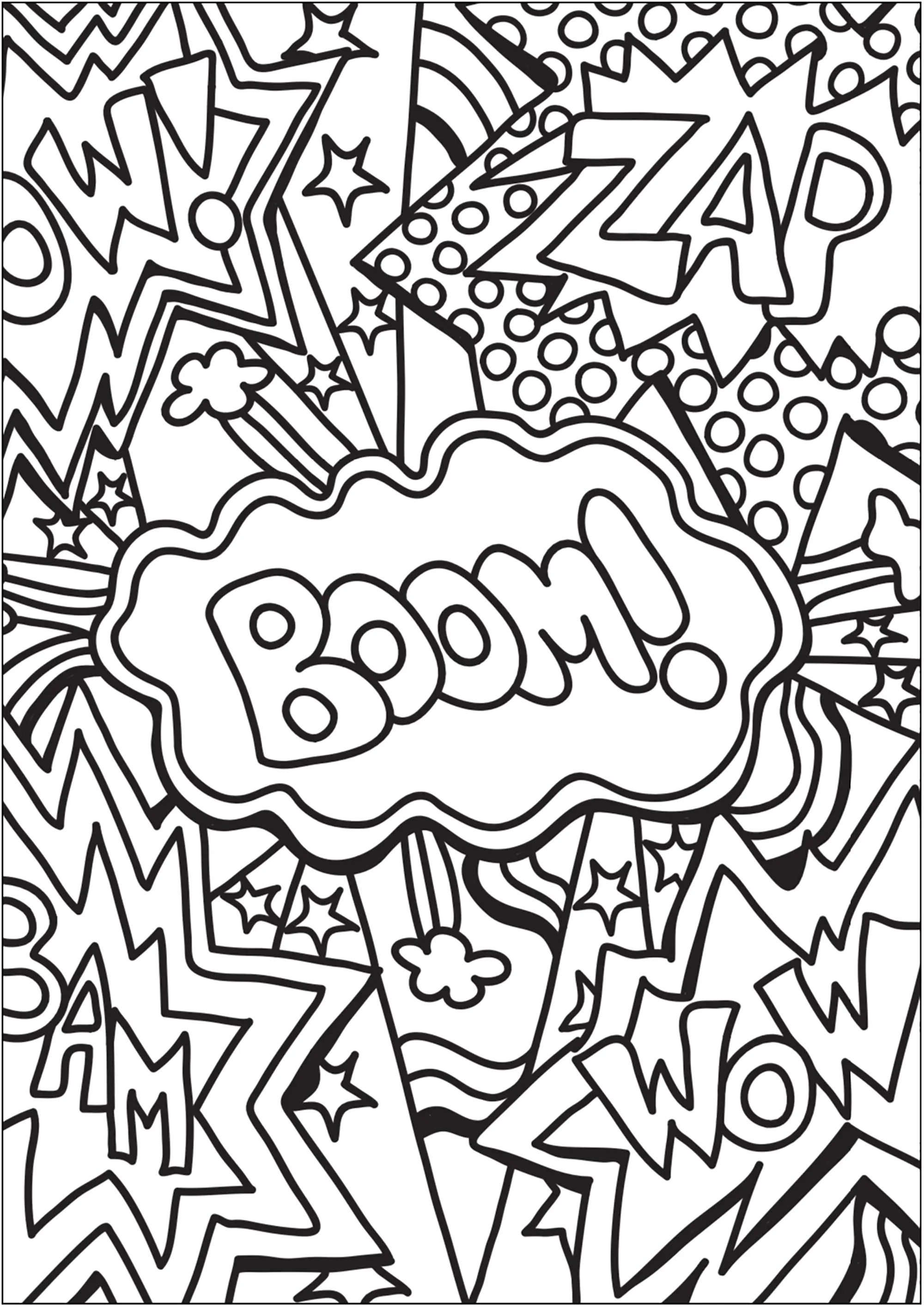 Onomatopeias da banda desenhada (Página de Doodle Art / Doodling para colorir e imprimir para adultos)
