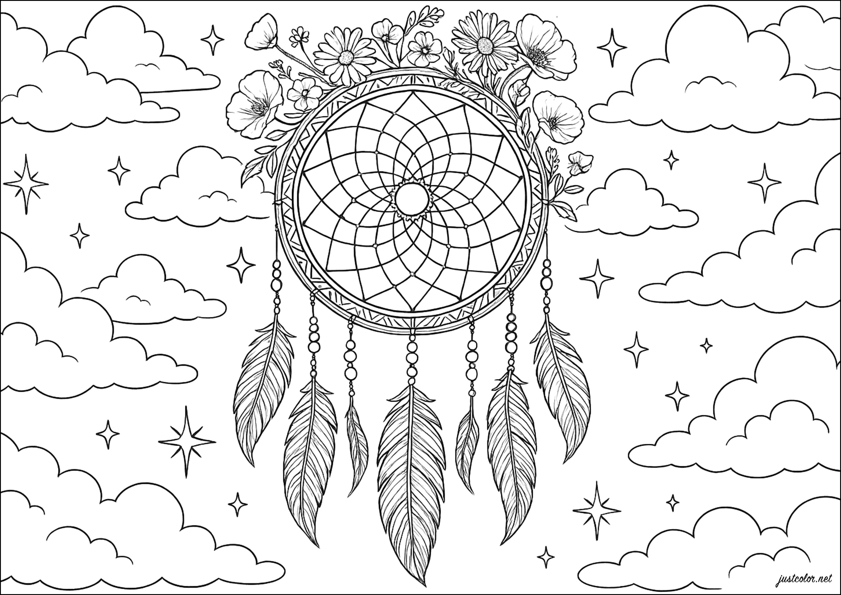 Captadores de sonhos boho e nuvens de sonho (Página de Dreamcatchers para colorir e imprimir para adultos)