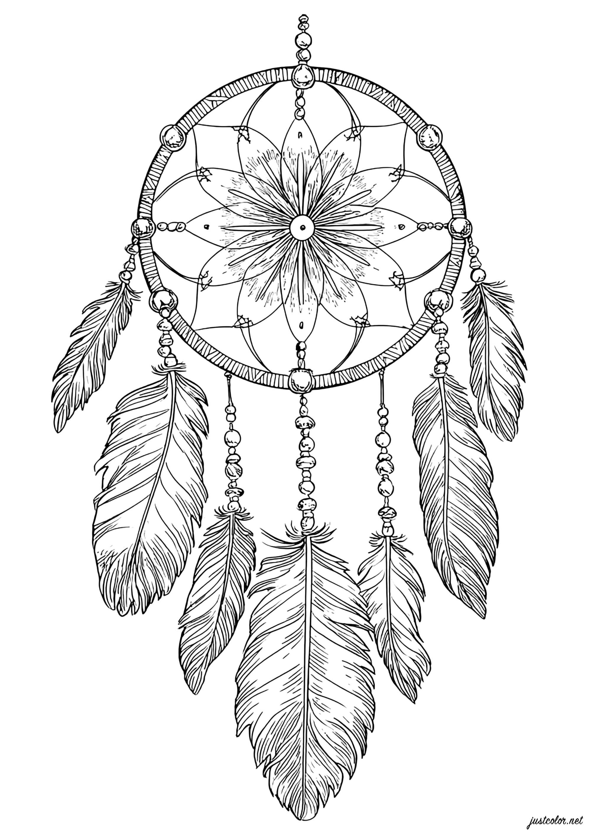 Elegância de um apanhador de sonhos tribal (Página de Dreamcatchers para colorir e imprimir para adultos)