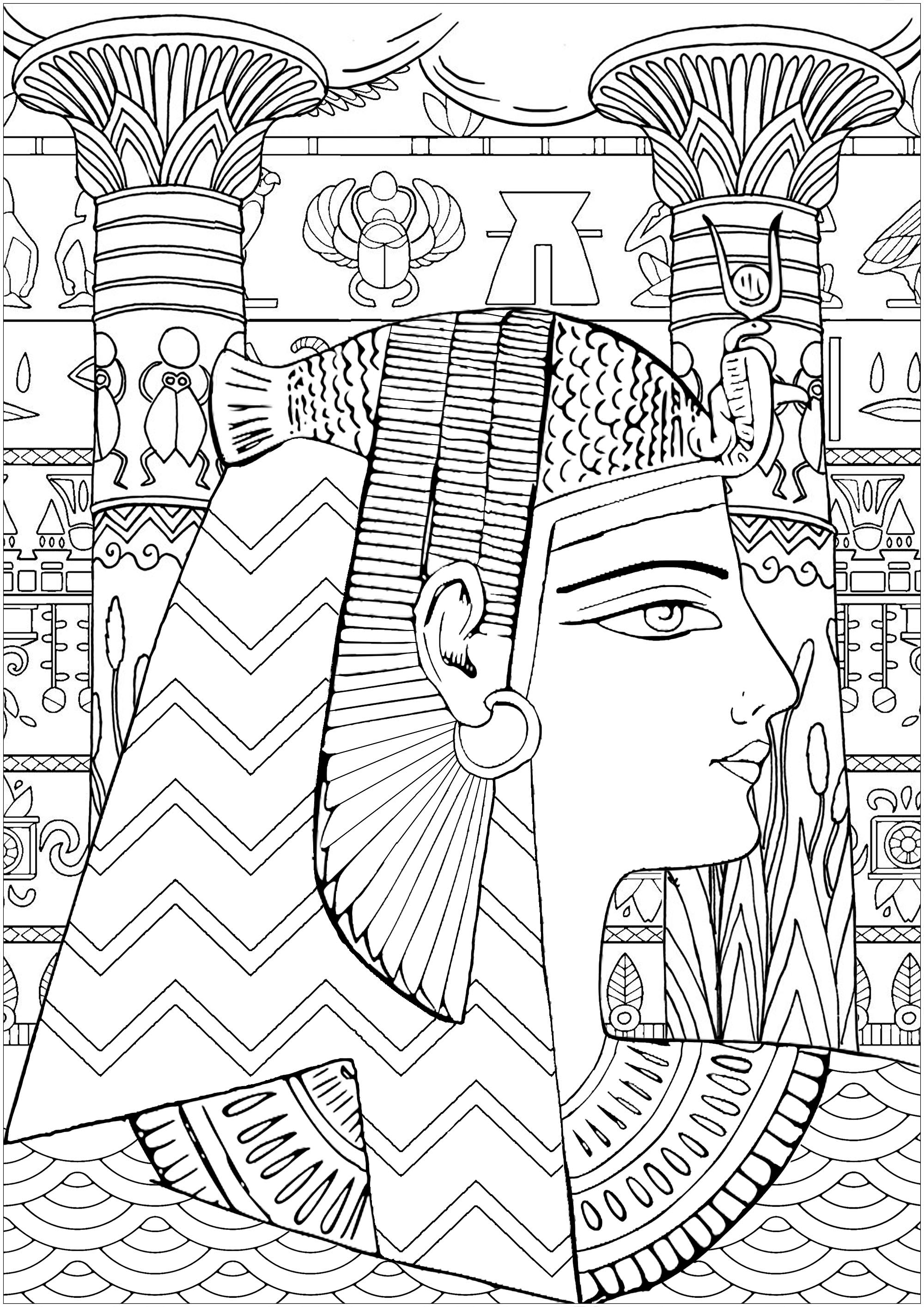 Colorir esta bela rainha do Egipto com padrões típicos, pilares do templo e hieróglifos em fundo - Versão difícil, Artista : Art'Isabelle