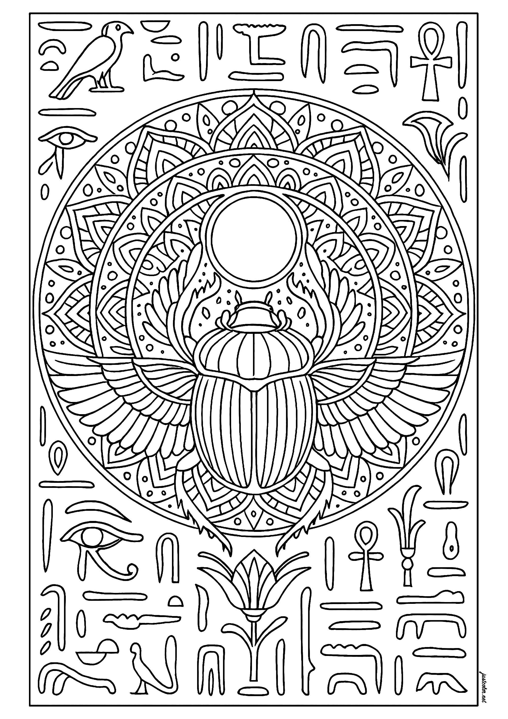 Escaravelho integrado em um Mandala com hieróglifos egípcios (Página de Egito e hieróglifos para colorir e imprimir para adultos)