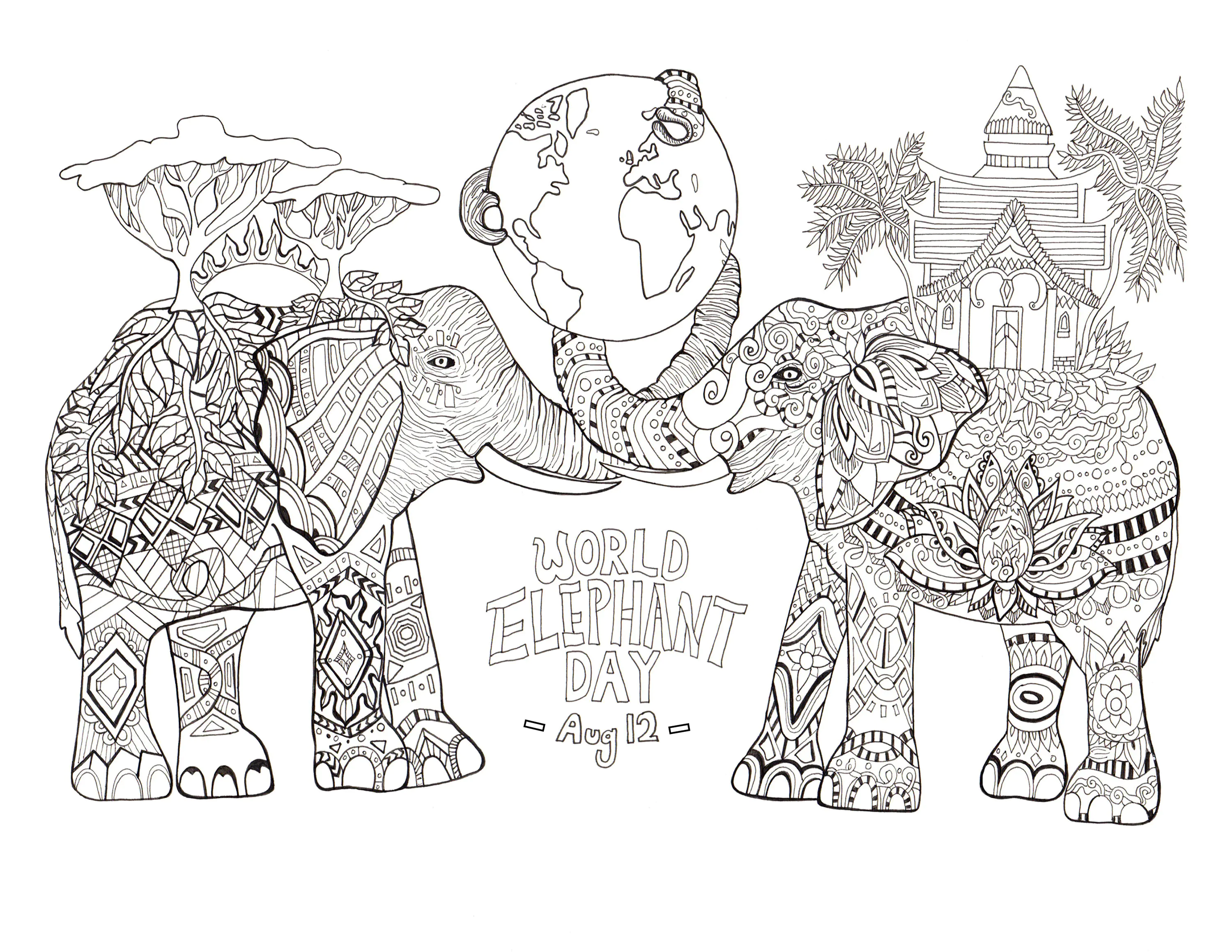 Dia Mundial do Elefante (Página para colorir e imprimir para adultos)