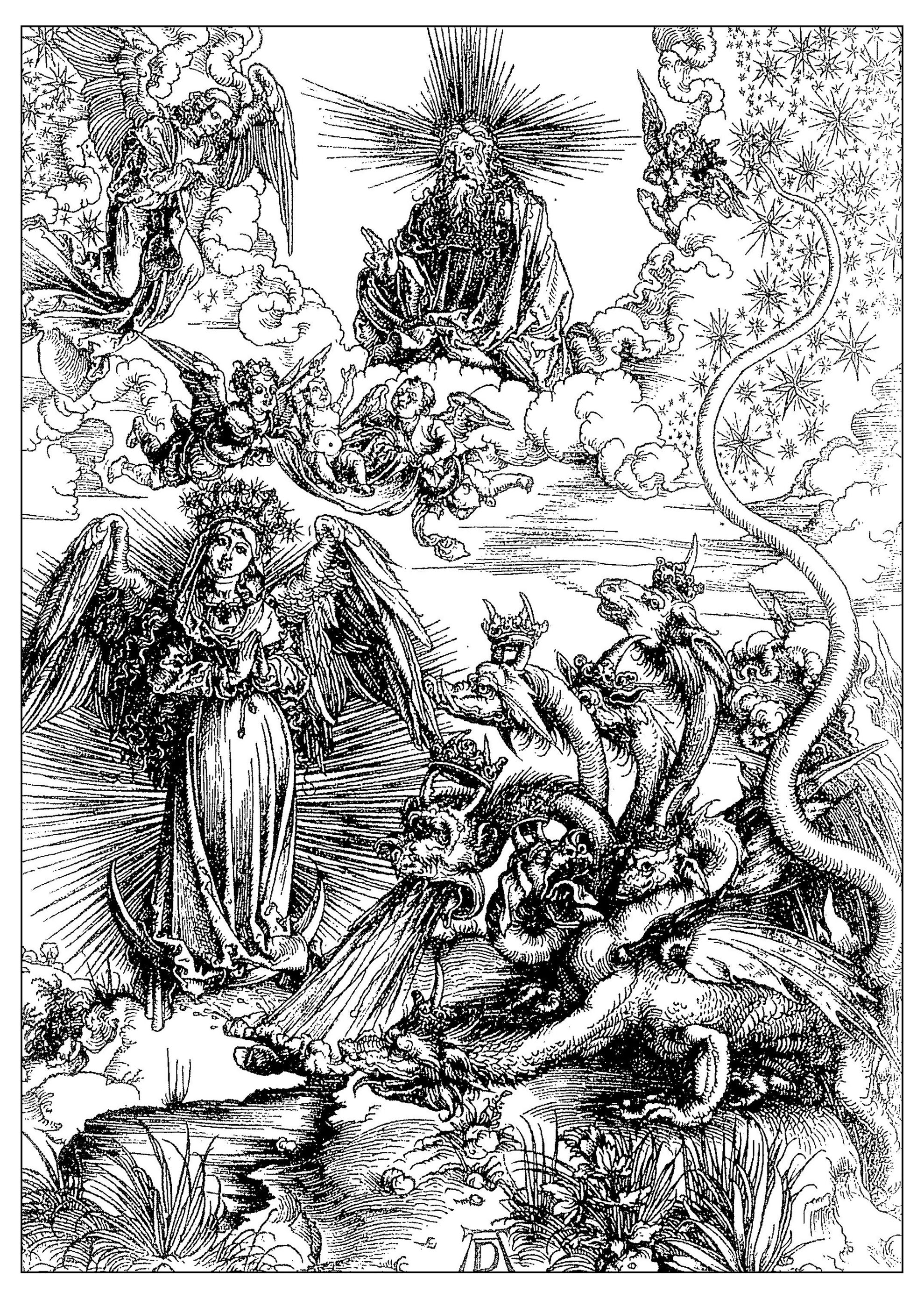 A mulher de Apocalyps, gravura de Albrecht Dürer, cerca de 1497