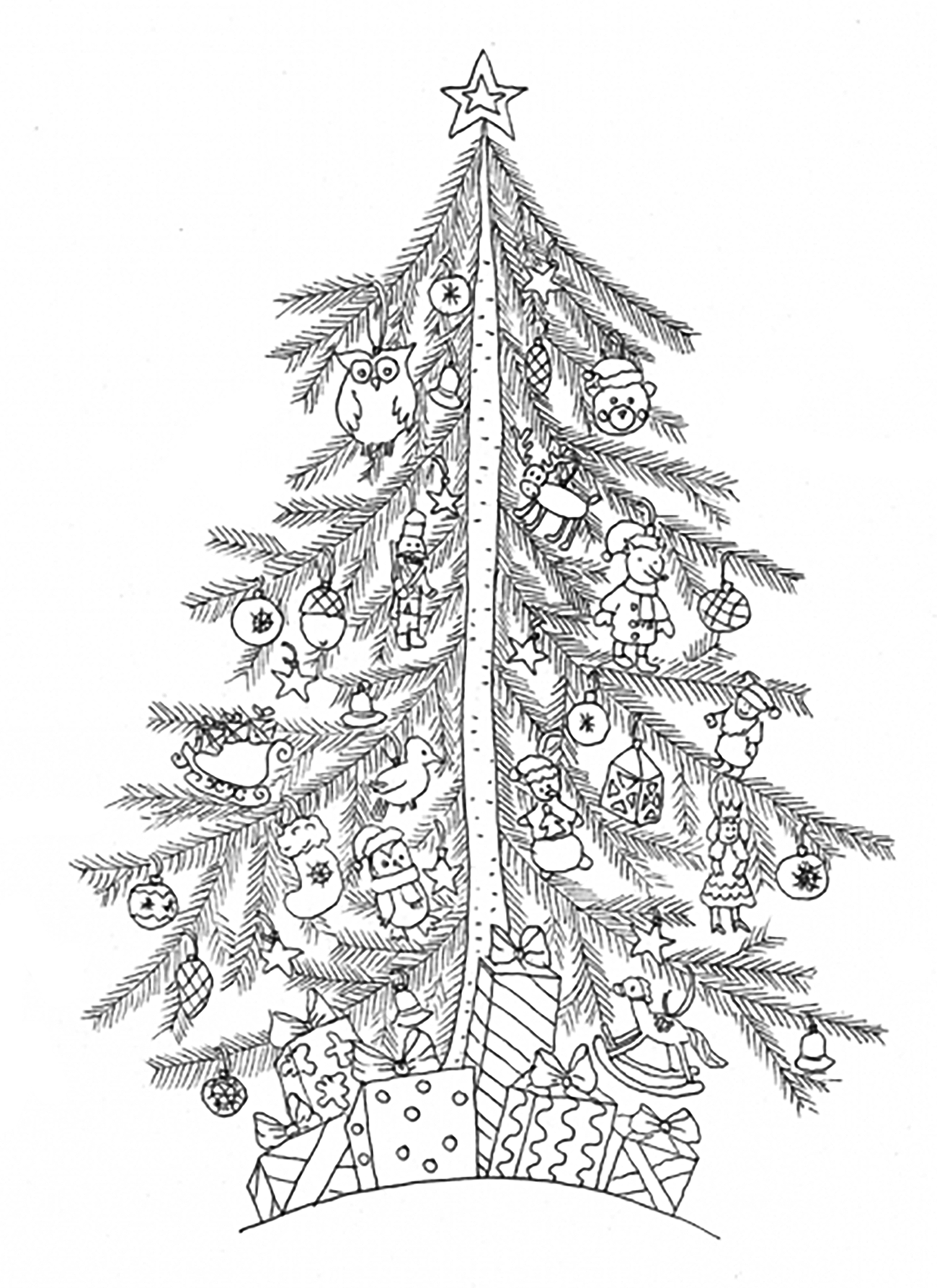 Árvore de Natal simples com ornamentos e presentes