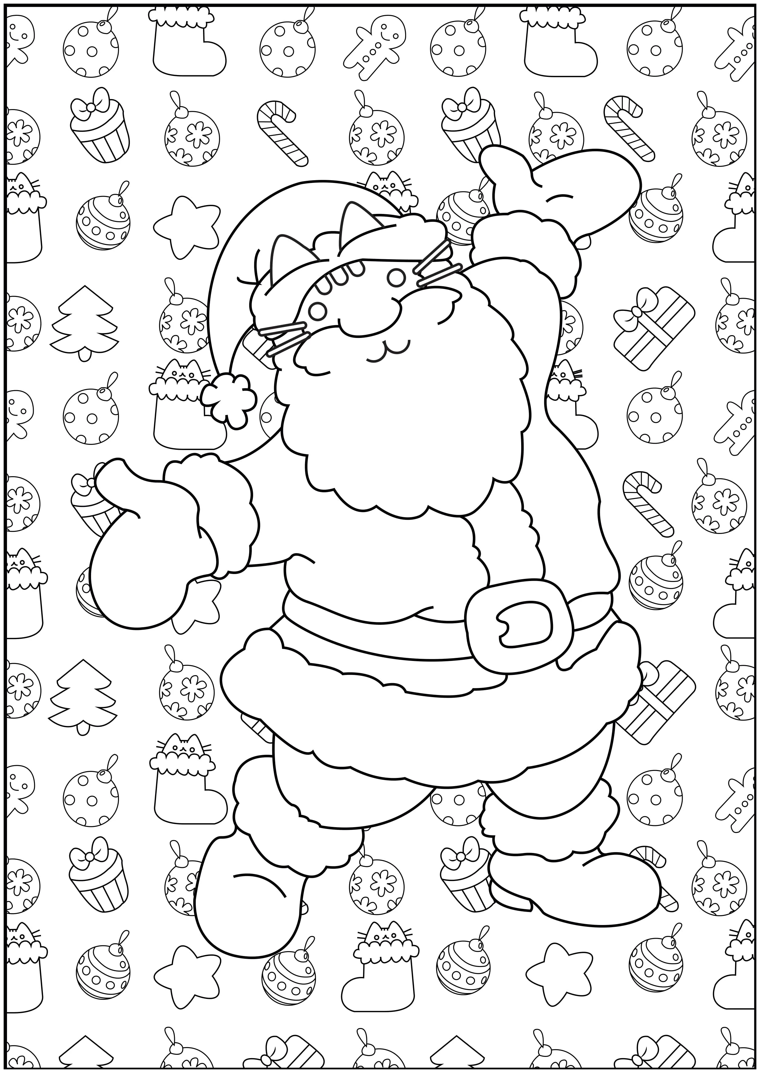Pusheen, o cãozinho (Página de Natal para colorir e imprimir para adultos)