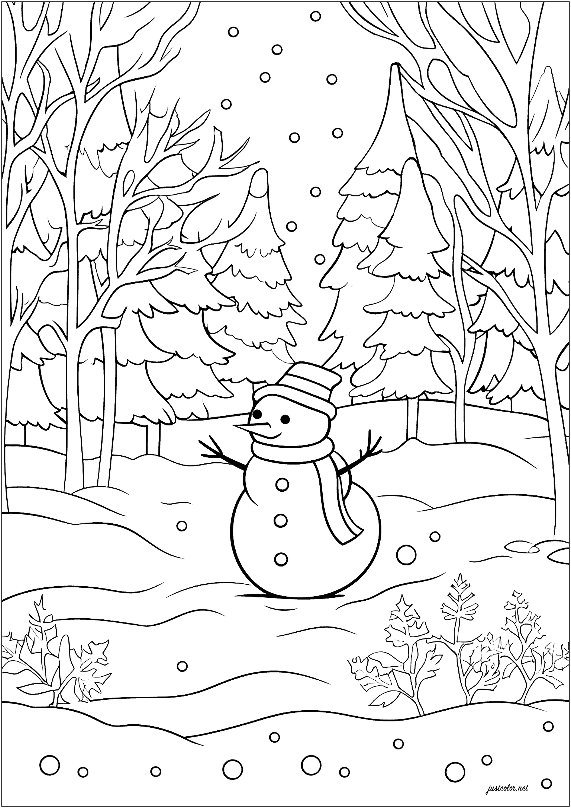 Boneco de neve na floresta nevada (Página de Natal para colorir e imprimir para adultos)