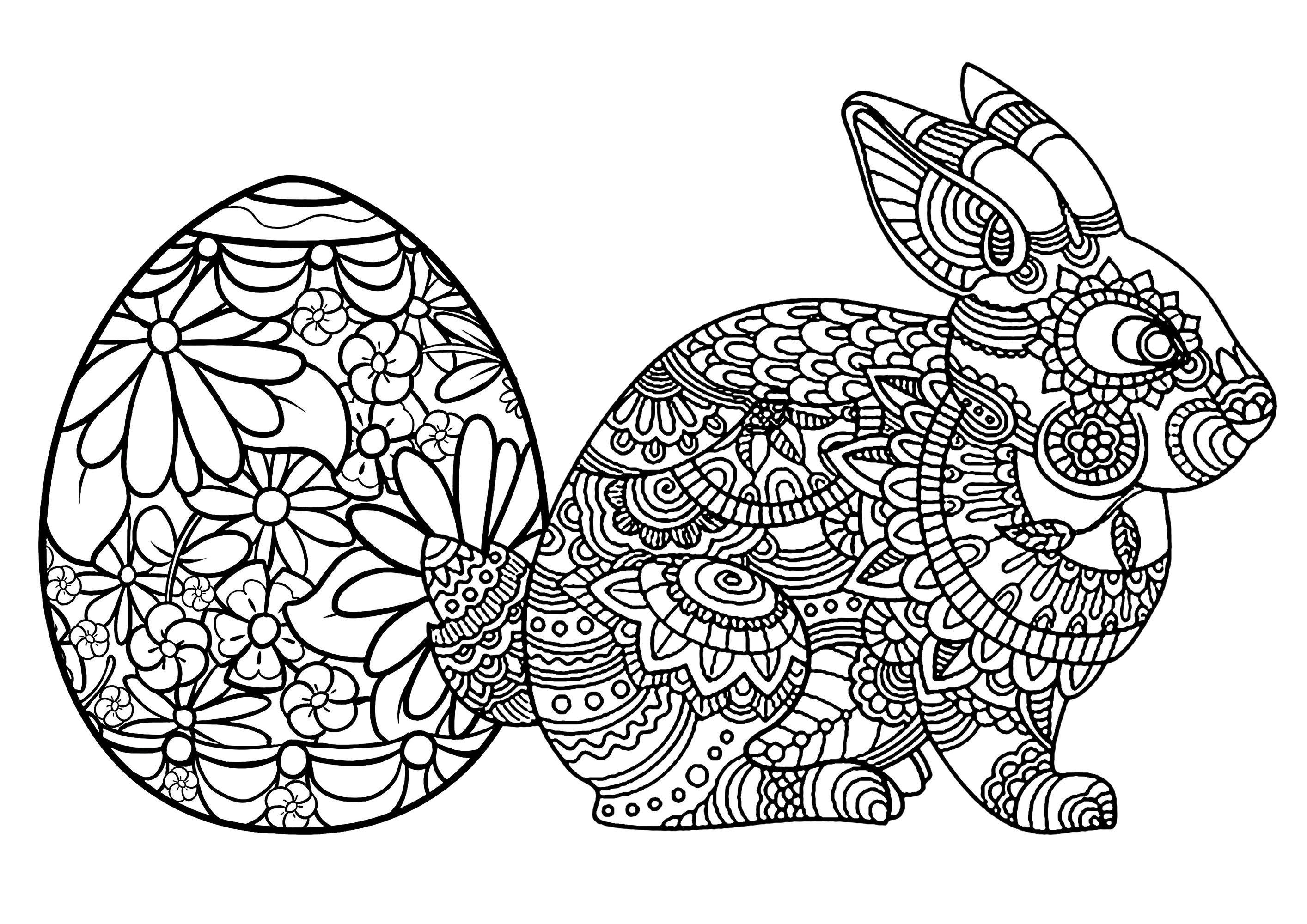 Ovo de Páscoa e coelho. Muitos pormenores para colorir nos dois temas desta bonita página para colorir, Artista : Art'Isabelle