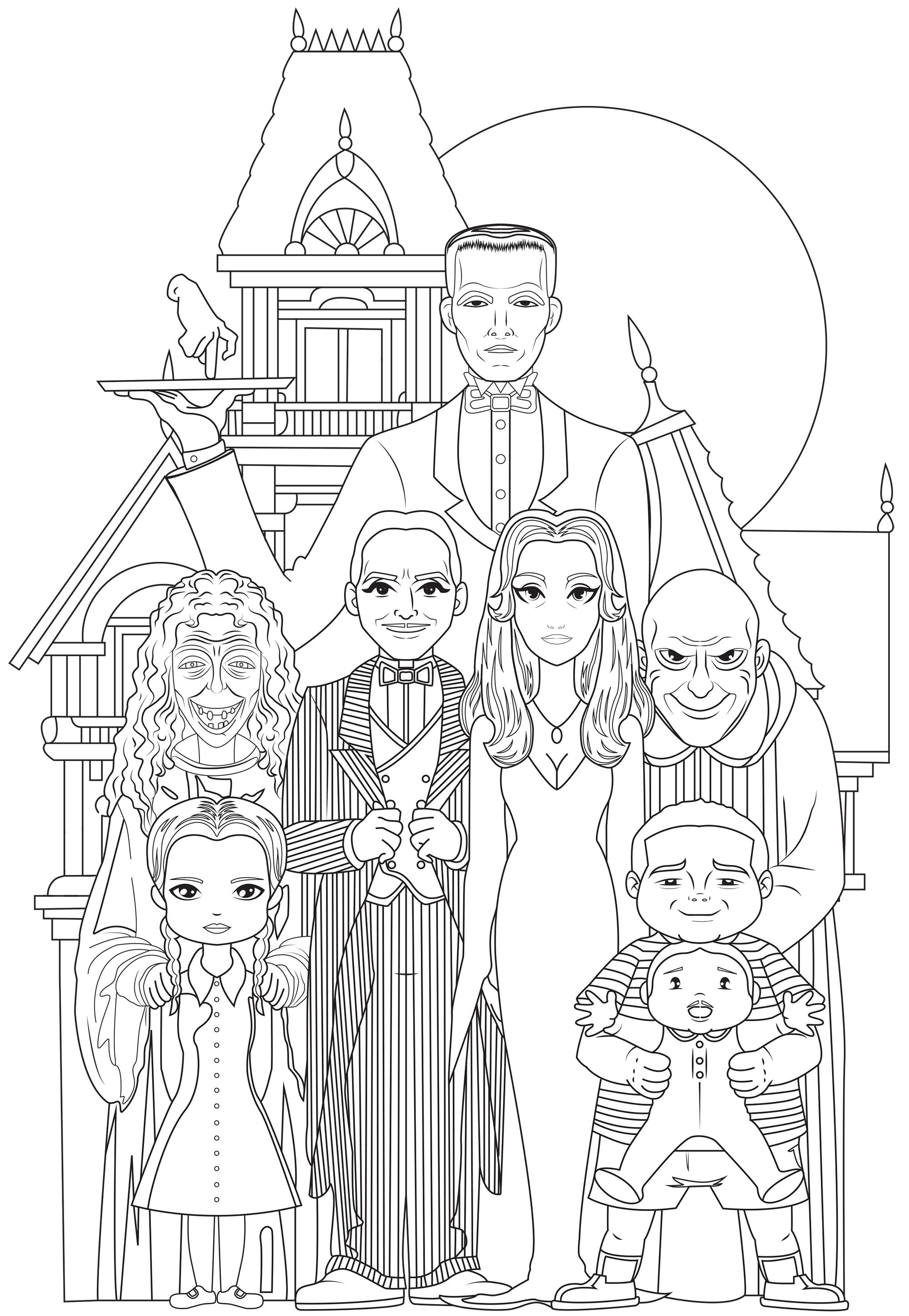 A Família Addams. Toda a família Addams: Gomez e Morticia, os seus filhos Mercredi e Pugsley, o tio Fester e a avó, o mordomo Lurch, a mão Thing e o primo Itt.