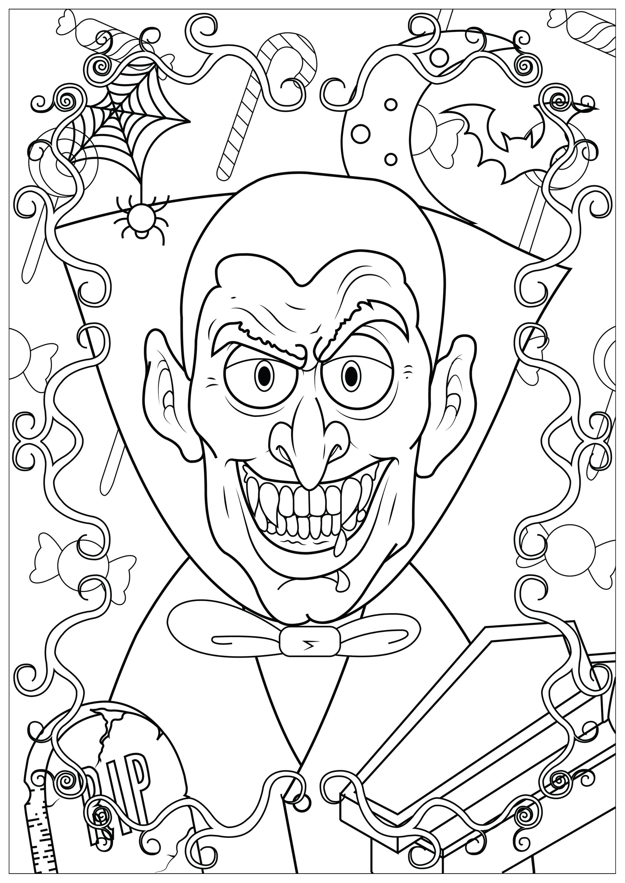Um vampiro com dentes afiadosEsta página para colorir é perfeita para celebrar o Halloween, se gostas do mundo dos vampiros e especialmente do Drácula.