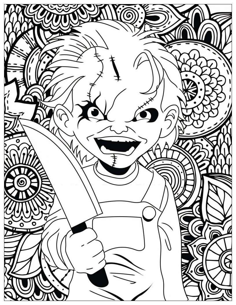 Desenhos de filmes de terror clássicos para colorir : Chucky (Fonte: Costume SuperCenter. Encontrar fantasias de Chucky aqui)