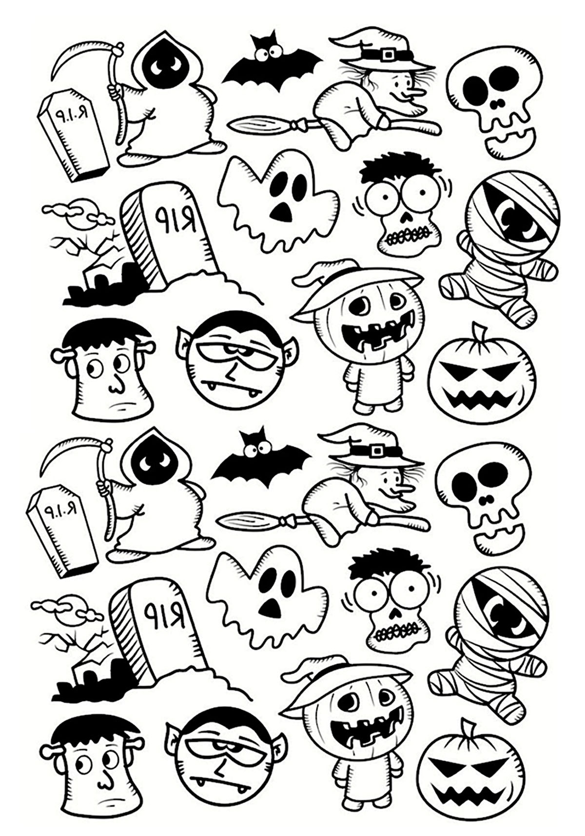 Personagens de Halloween, um Doodle divertido para colorir