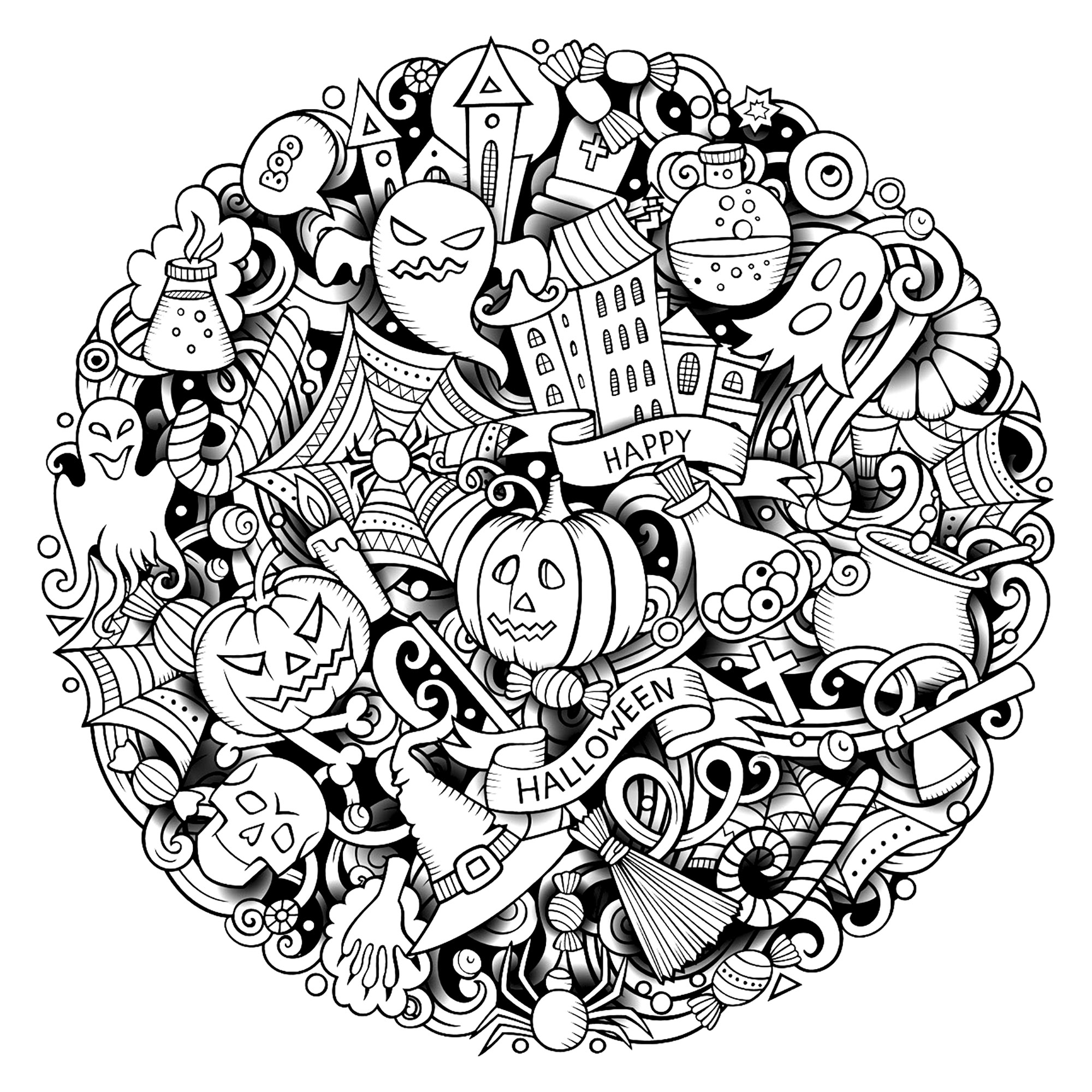 Um Doodle de Halloween complexo. Vários símbolos e personagens do Dia das Bruxas num Doodle circular (abóboras, fantasmas, esqueletos, aranhas, etc.), Fonte : 123rf   Artista : Balabolka