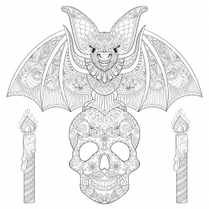 Morcego sobre um crânio com velas