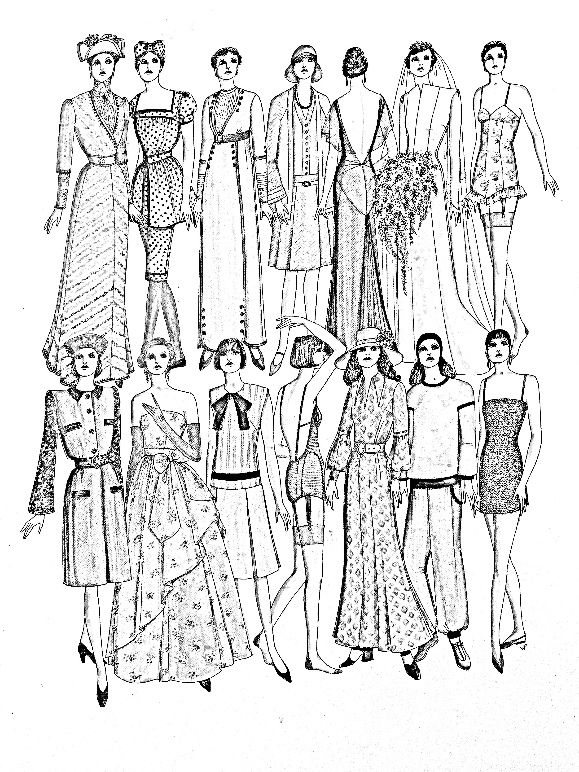Coloração inspirada numa página do livro Fashion in the 20th Century, de John Peacock.