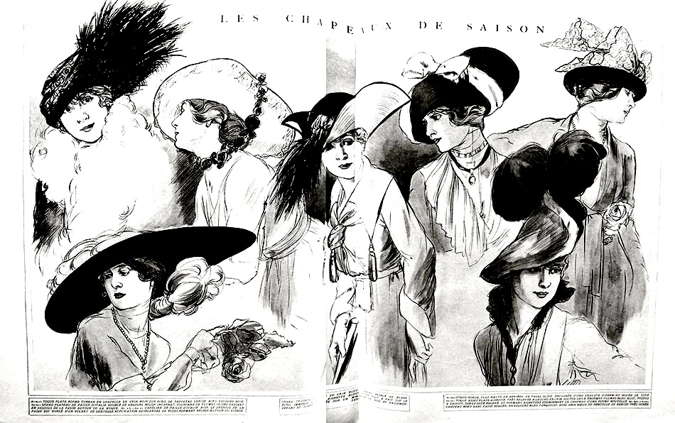 Pinte este desenho de moda de 1915 com bonitos chapéus de mulher