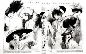Esboço de moda de 1915 com chapéus de senhora