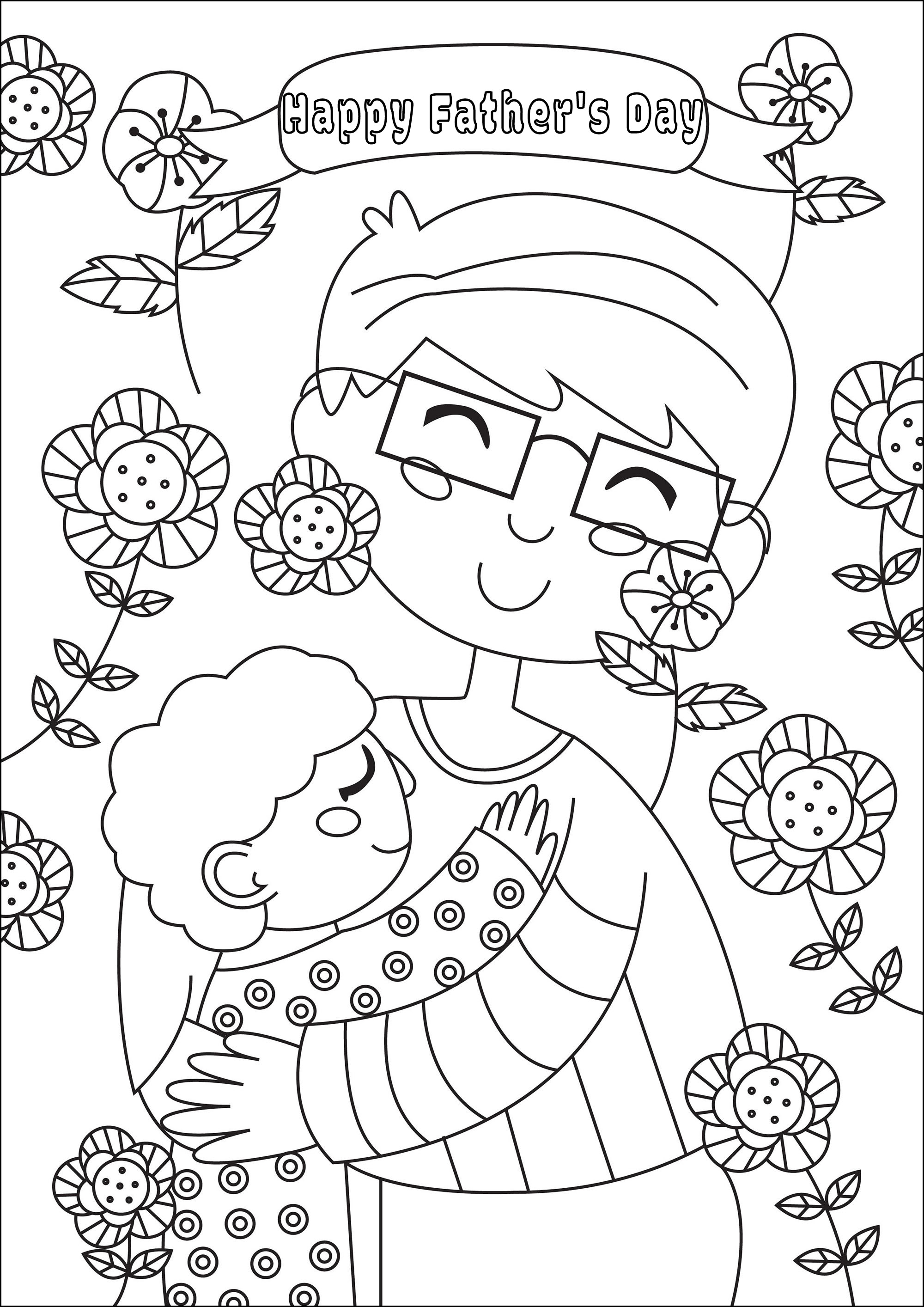 Colorir para o Dia do Pai. Uma bonita página para colorir com uma criança a abraçar o seu querido papá, Artista : Gaelle Picard