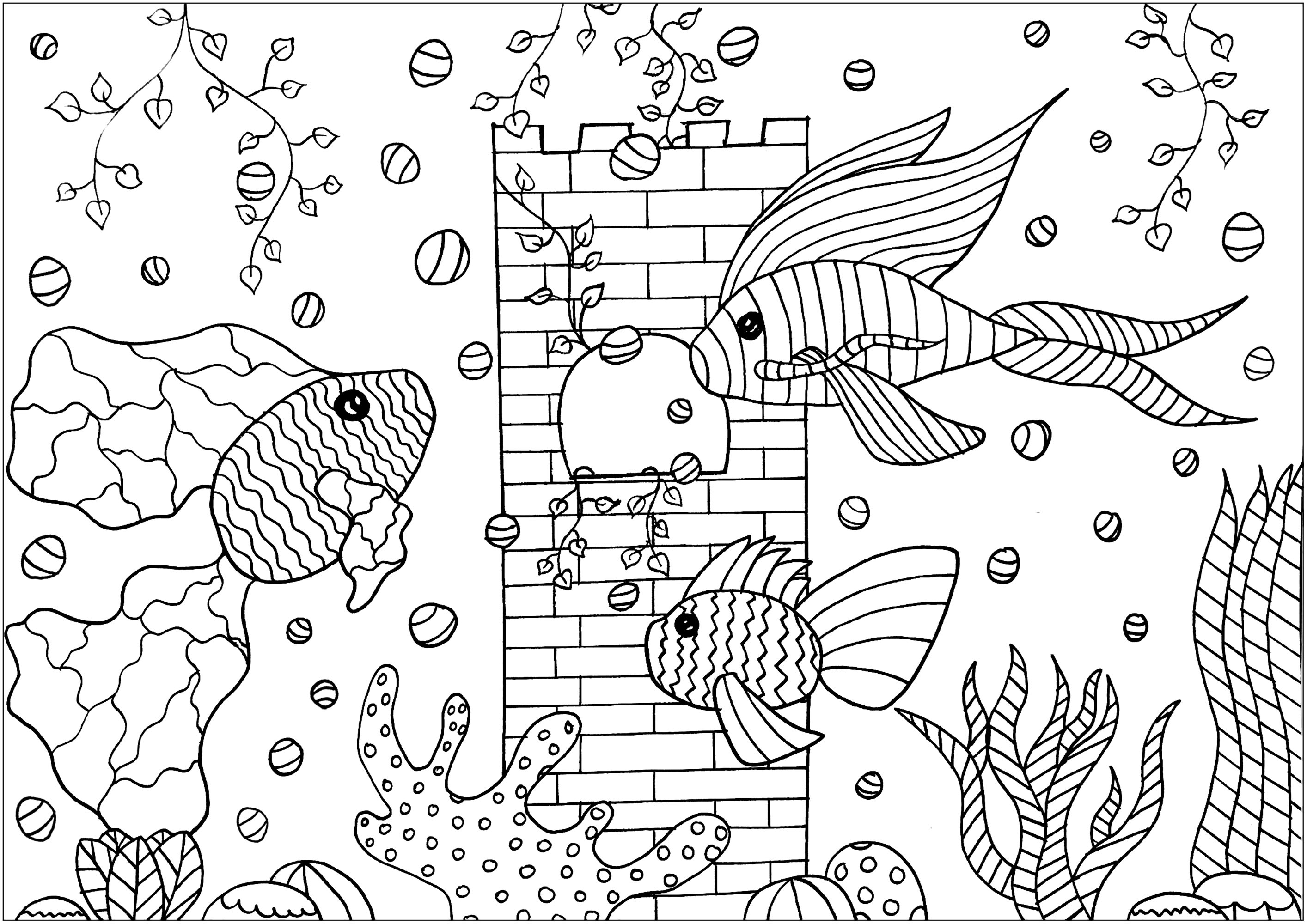 Três belos peixes com barbatanas cheias de padrões, num aquário com um belo castelo e plantas aquáticas, Artista : Amelie