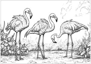 Página de para colorir e imprimir para adultos : Três bonitos flamingos cor-de-rosa