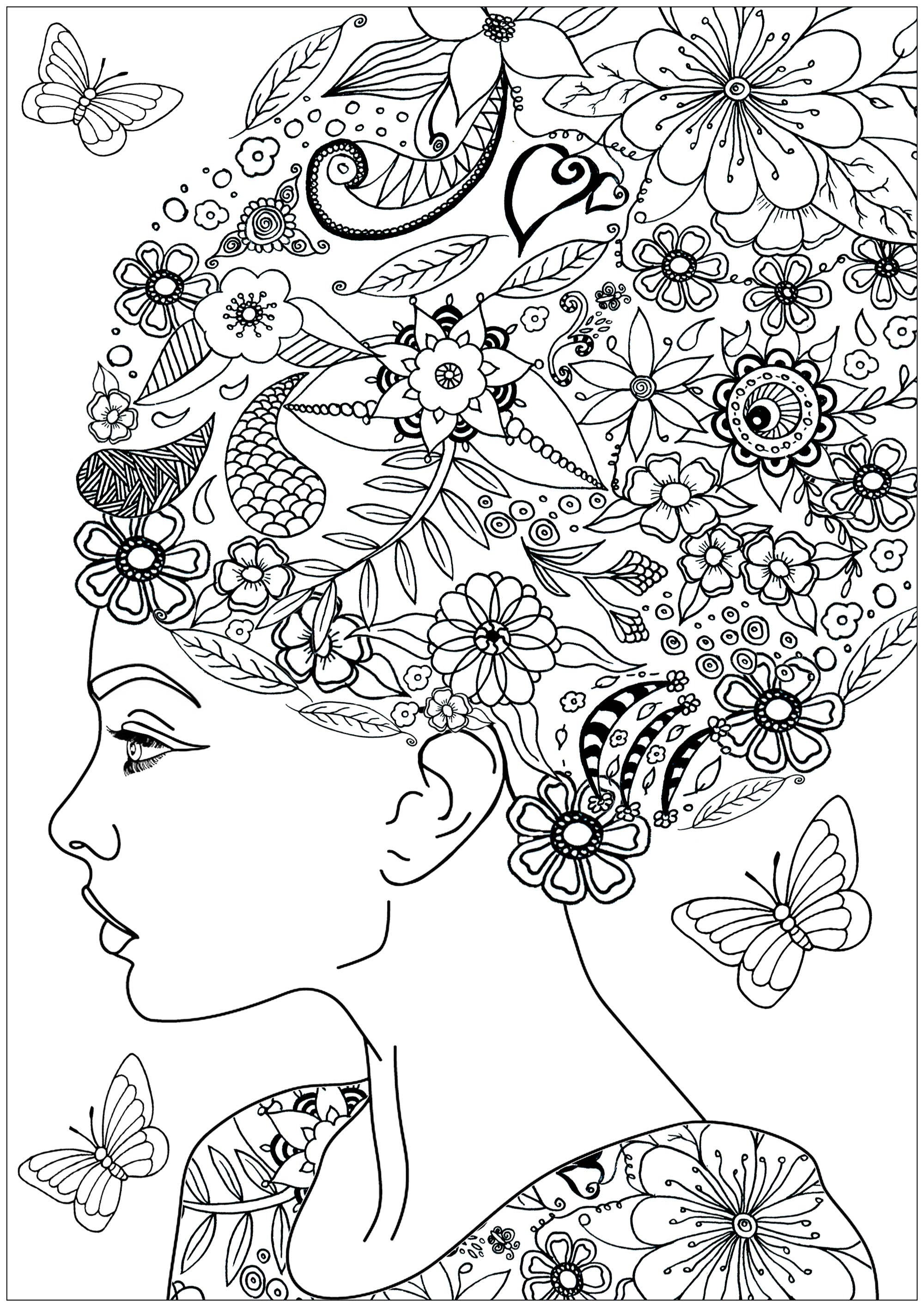 Pinta as belas flores e folhas no cabelo desta mulher... e as borboletas das árvores que voam à sua volta, Artista : Art'Isabelle
