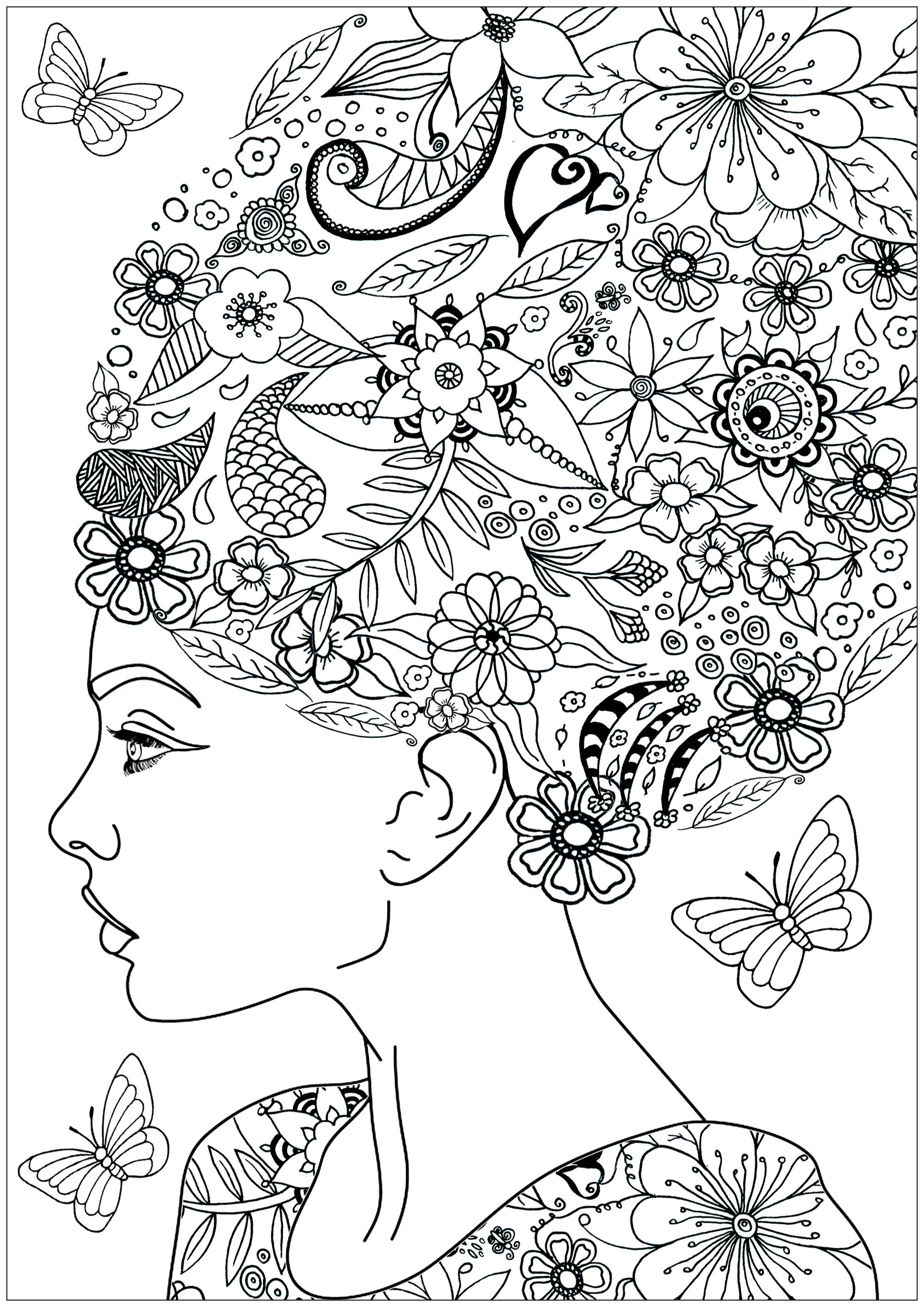 Pinta as belas flores e folhas no cabelo desta mulher... e as borboletas das árvores que voam à sua volta, Artista : Art'Isabelle Pinta as belas flores e folhas no cabelo desta mulher... e as borboletas das árvores que voam à sua volta, Artista : Art'Isabelle