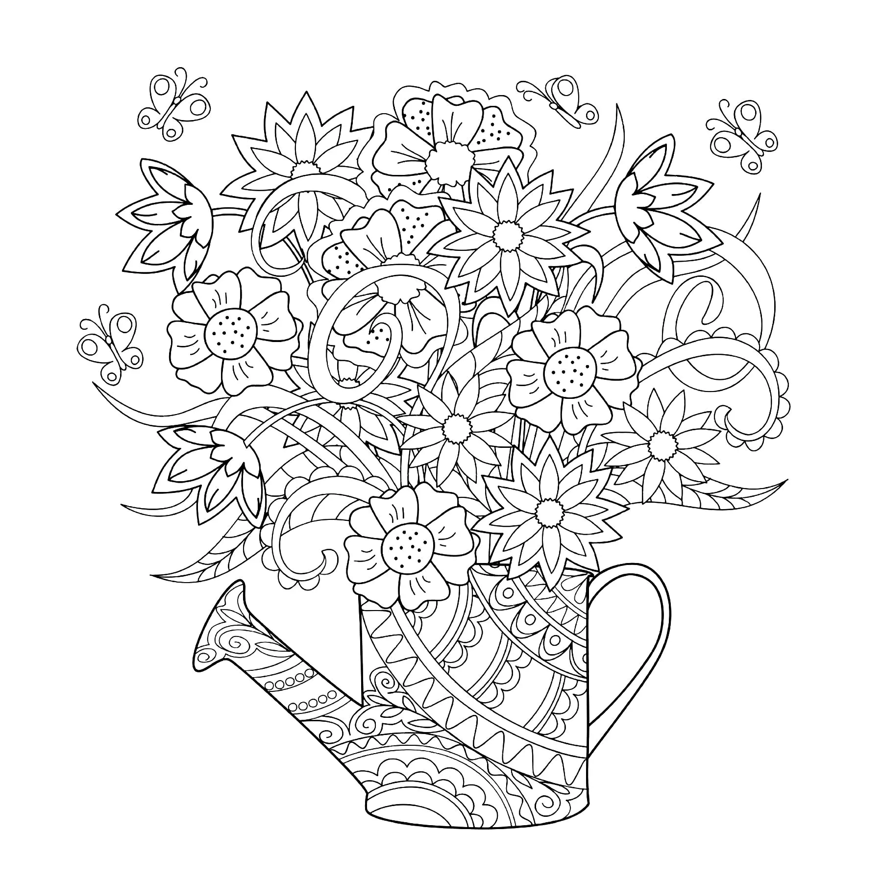 Regador com flores (Página de Flores e vegetação para colorir e imprimir para adultos)