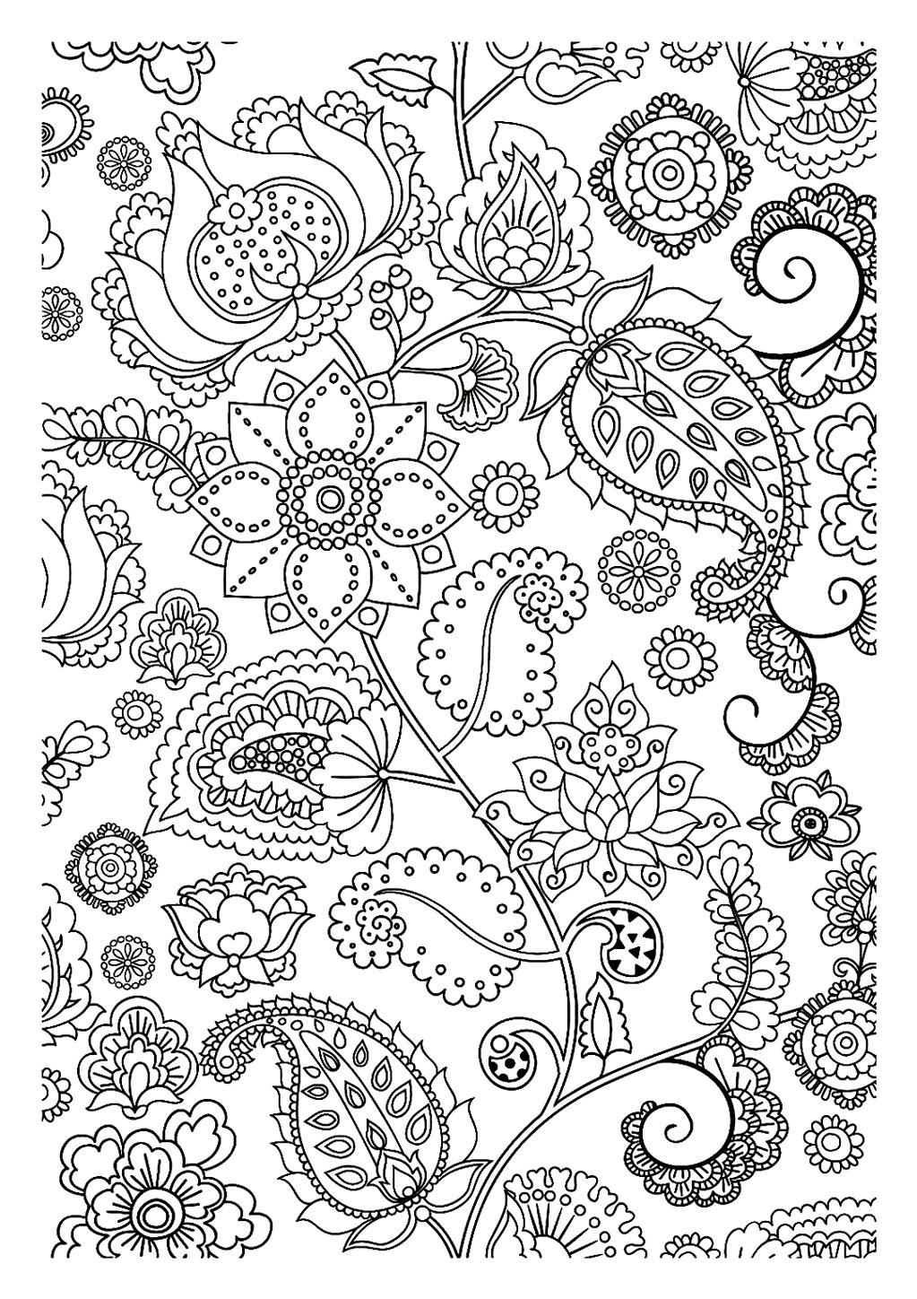 Página de coloração anti-stress perfeita com algumas flores e folhas