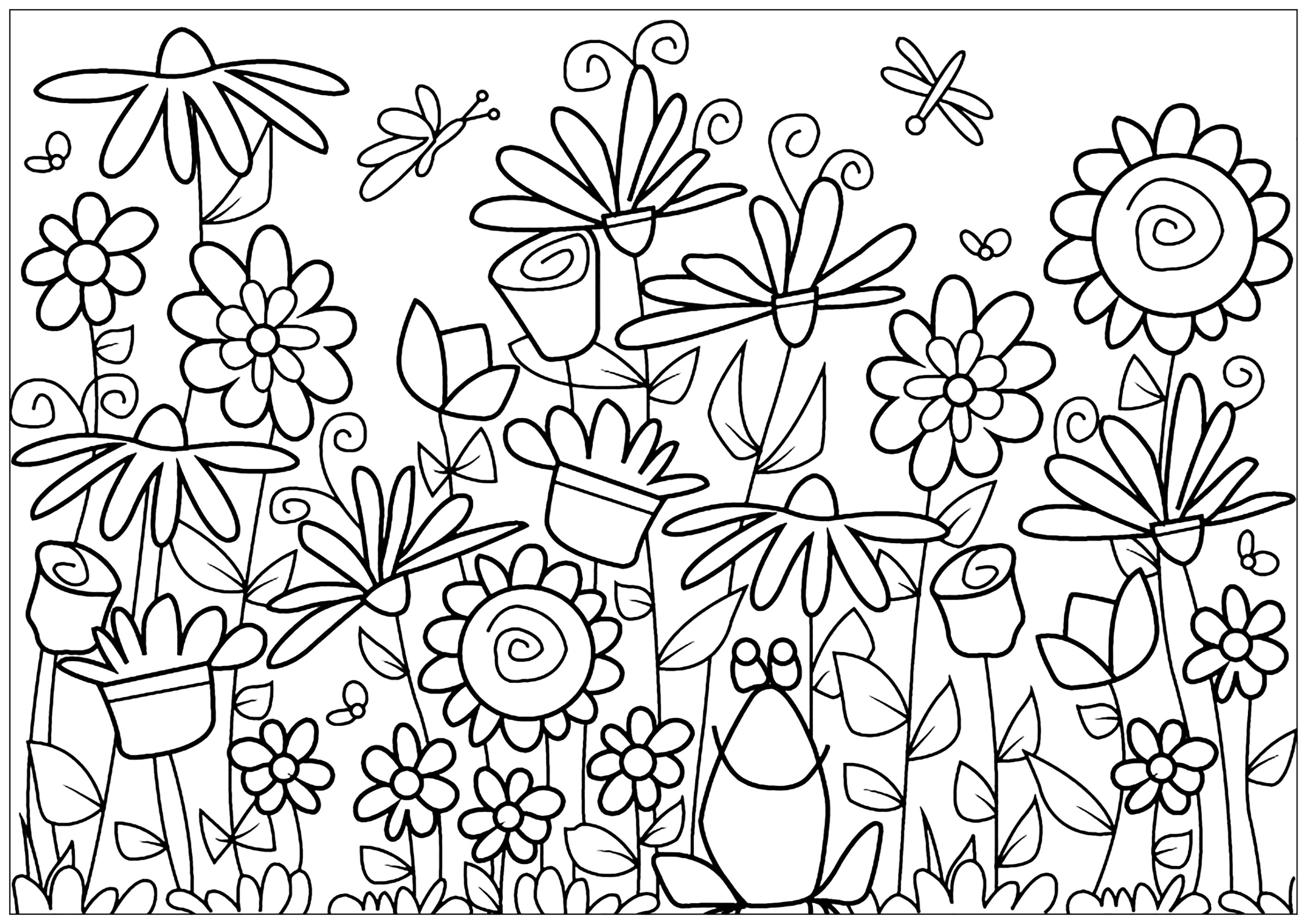 Página para colorir com girassóis gigantes, borboletas, margaridas e tulipas à volta de uma rã