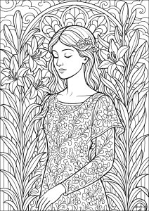 Dama dos lírios em um cenário Art Nouveau (Página de Flores e vegetação para colorir)