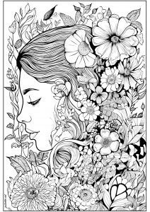 Rosto de uma mulher pensativa, rodeada de flores