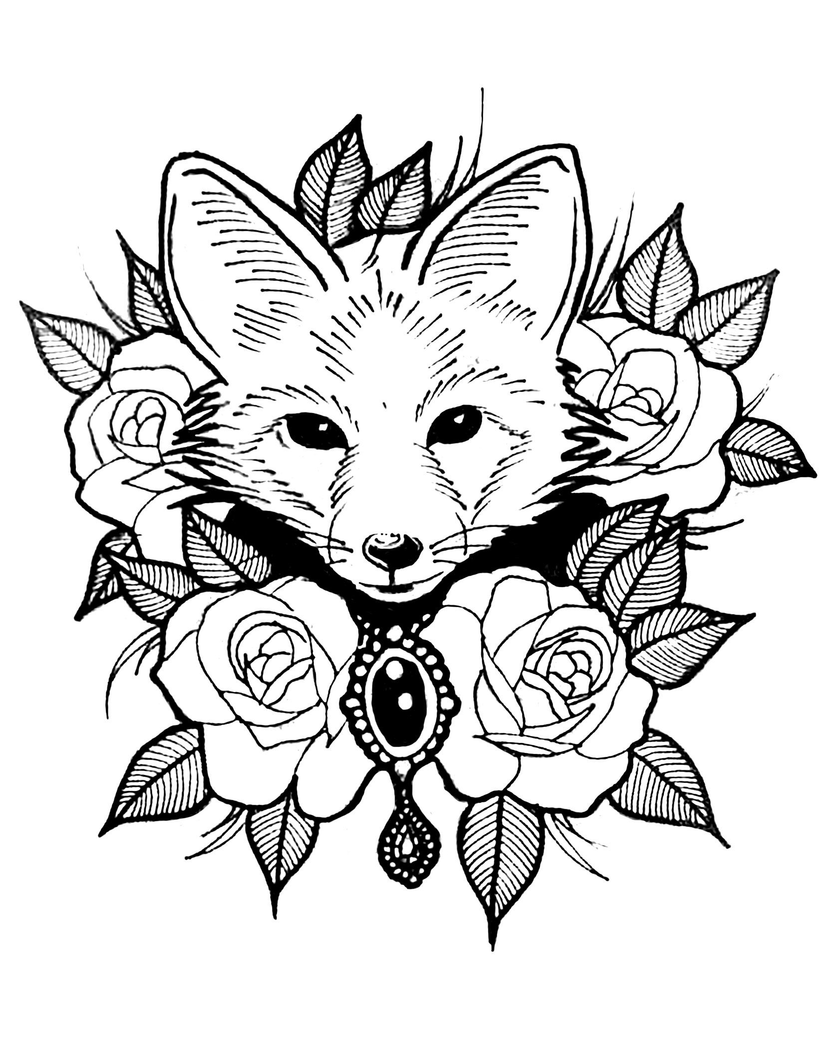 Raposa e rosas. Um belo desenho de tatuagem que combina o mundo animal e o mundo vegetal