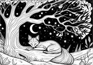 Página de para colorir e imprimir para adultos : Raposa a dormir num ramo de árvore