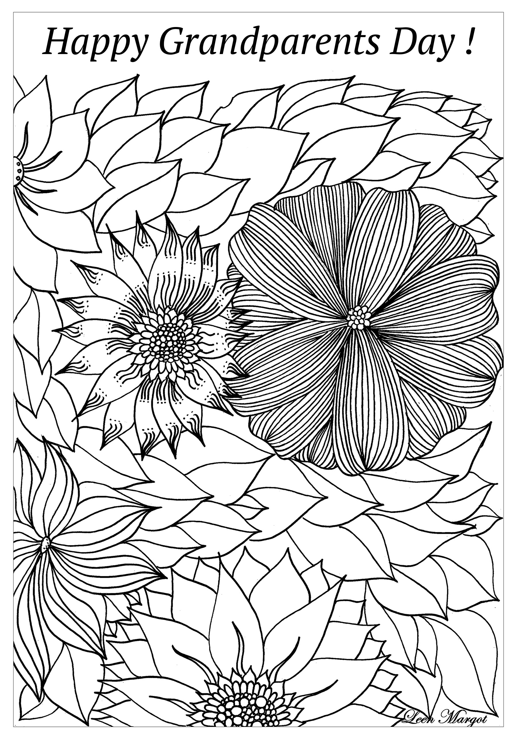 Página para colorir especial Dia dos Avós!. Esta bonita página para colorir apresenta belas flores e o texto 'Feliz Dia dos Avós', Artista : Leen Margot