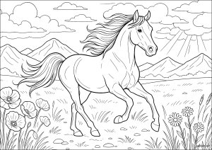 Galope Majestoso na Pradaria (Página de Cavalos para colorir)