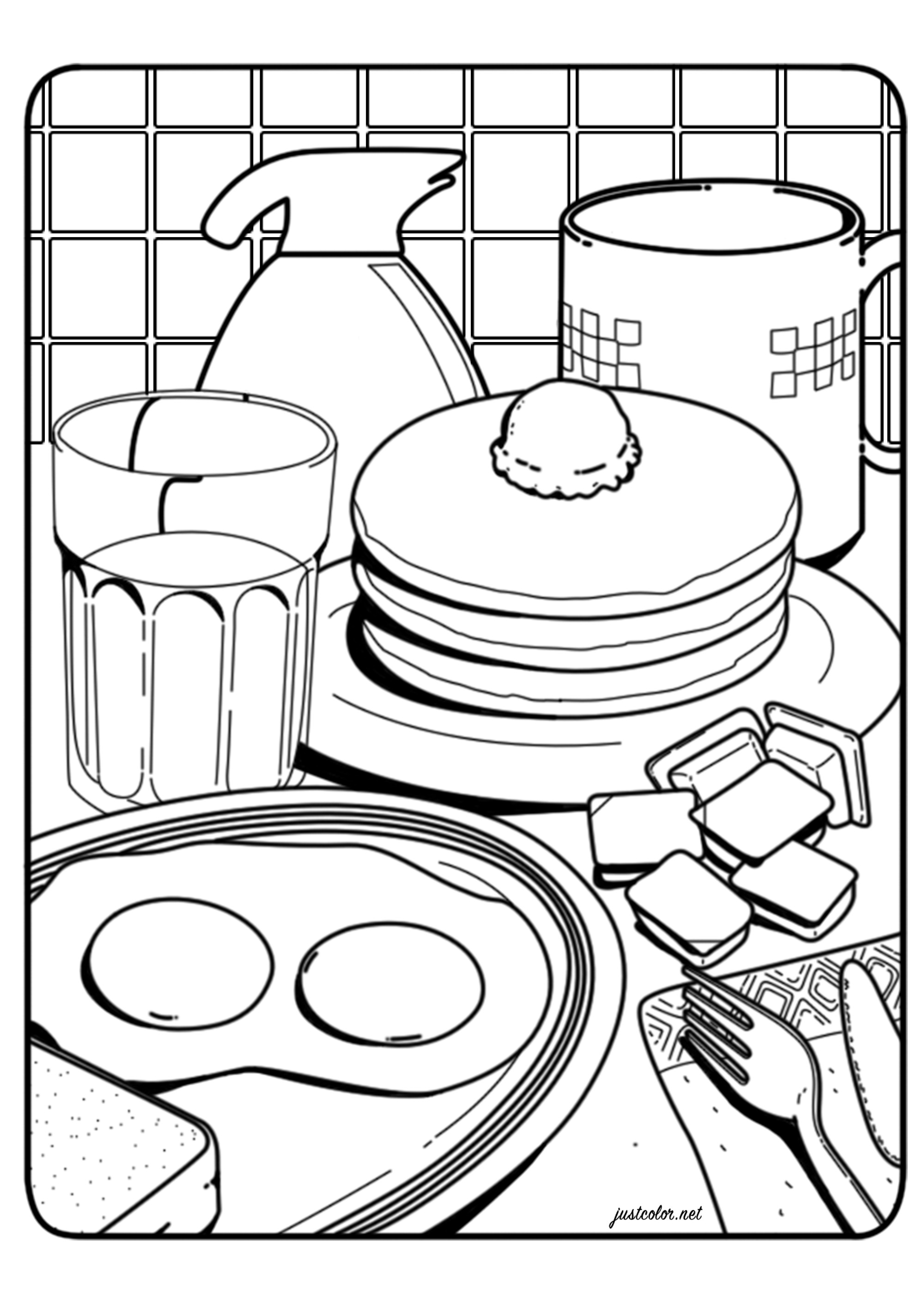 Um bom pequeno-almoço com ovos estrelados, panquecas, café...  Uma página para colorir inspirada na ilustração 'O pequeno-almoço' de Lauren Martin, Artista : Warrick D