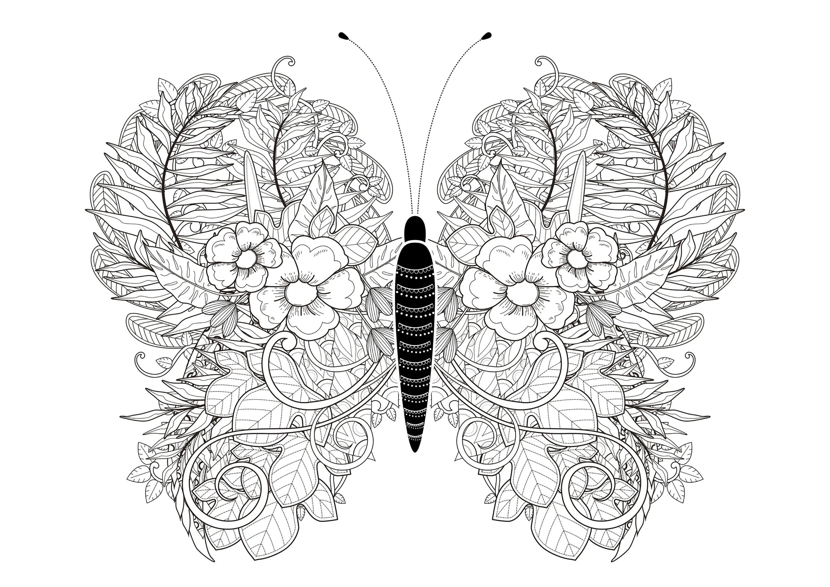 Borboleta com folhas incríveis (Página de Borboletas e insetos para colorir e imprimir para adultos)
