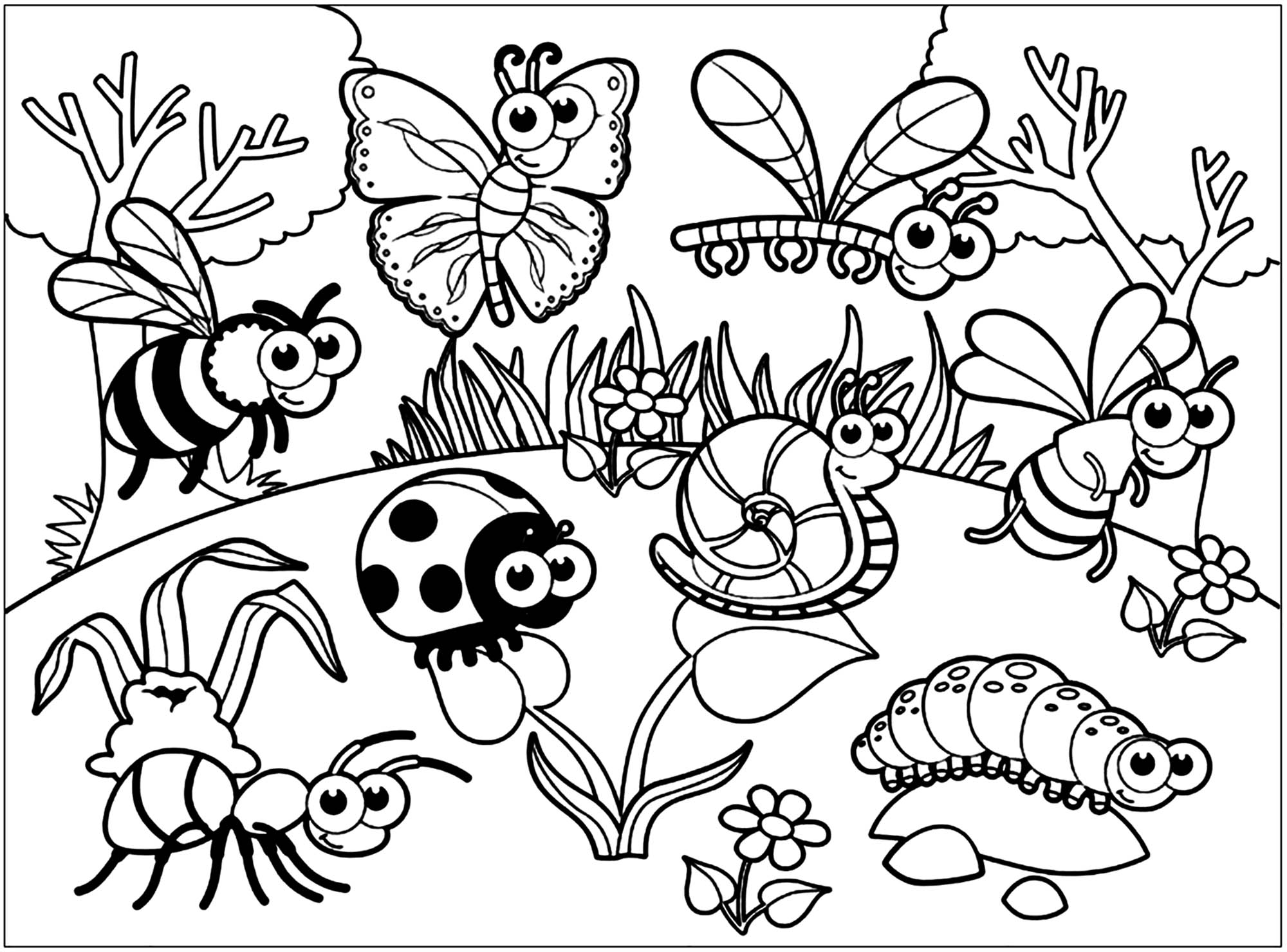 Diversos insectos desenhados em estilo cartoon e infantil