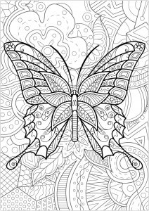 Borboleta com fundo florido - 3 (Página de Borboletas e insetos para colorir)