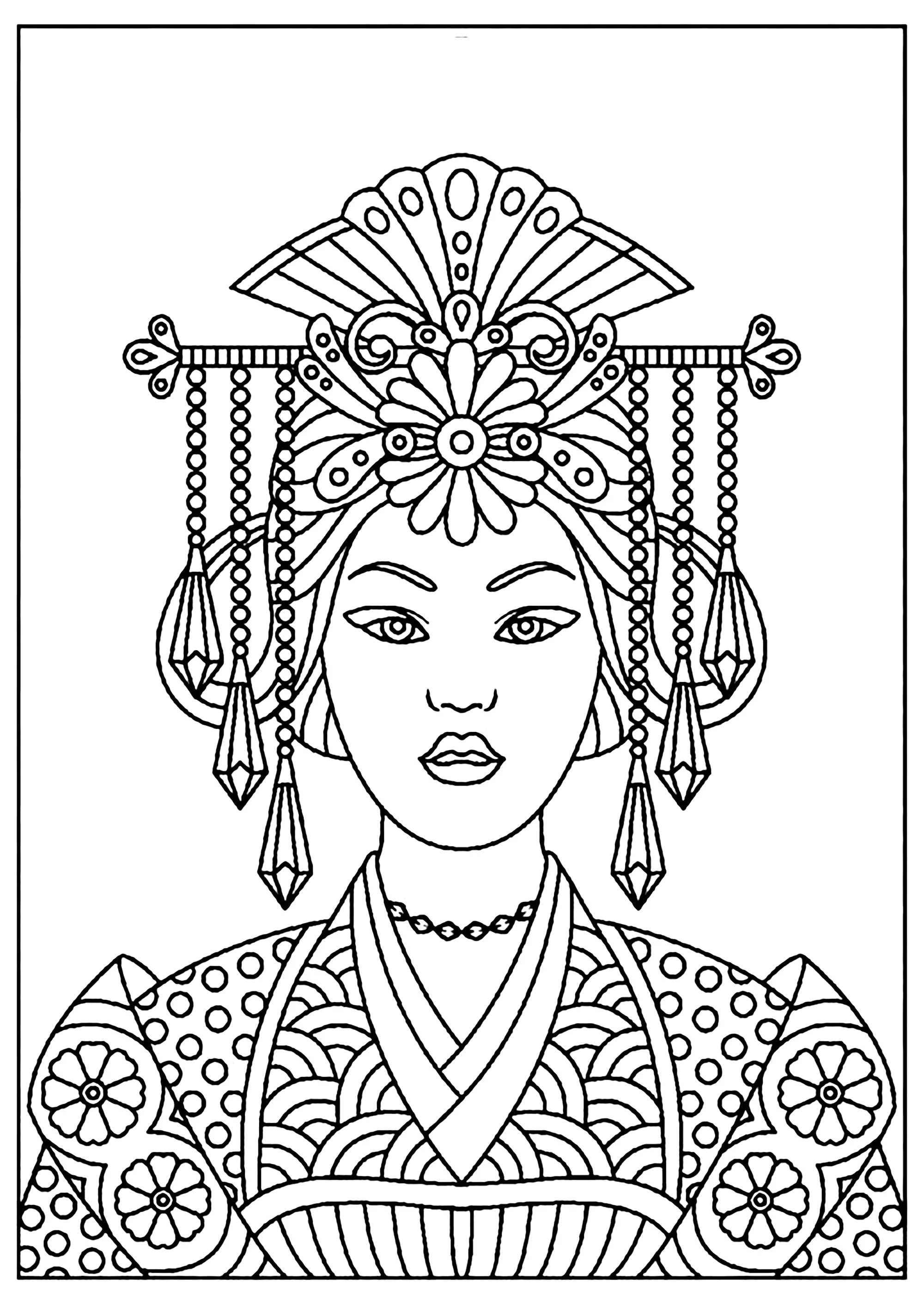 Desenho de uma imperatriz japonesa (Página de Japão para colorir e imprimir para adultos)
