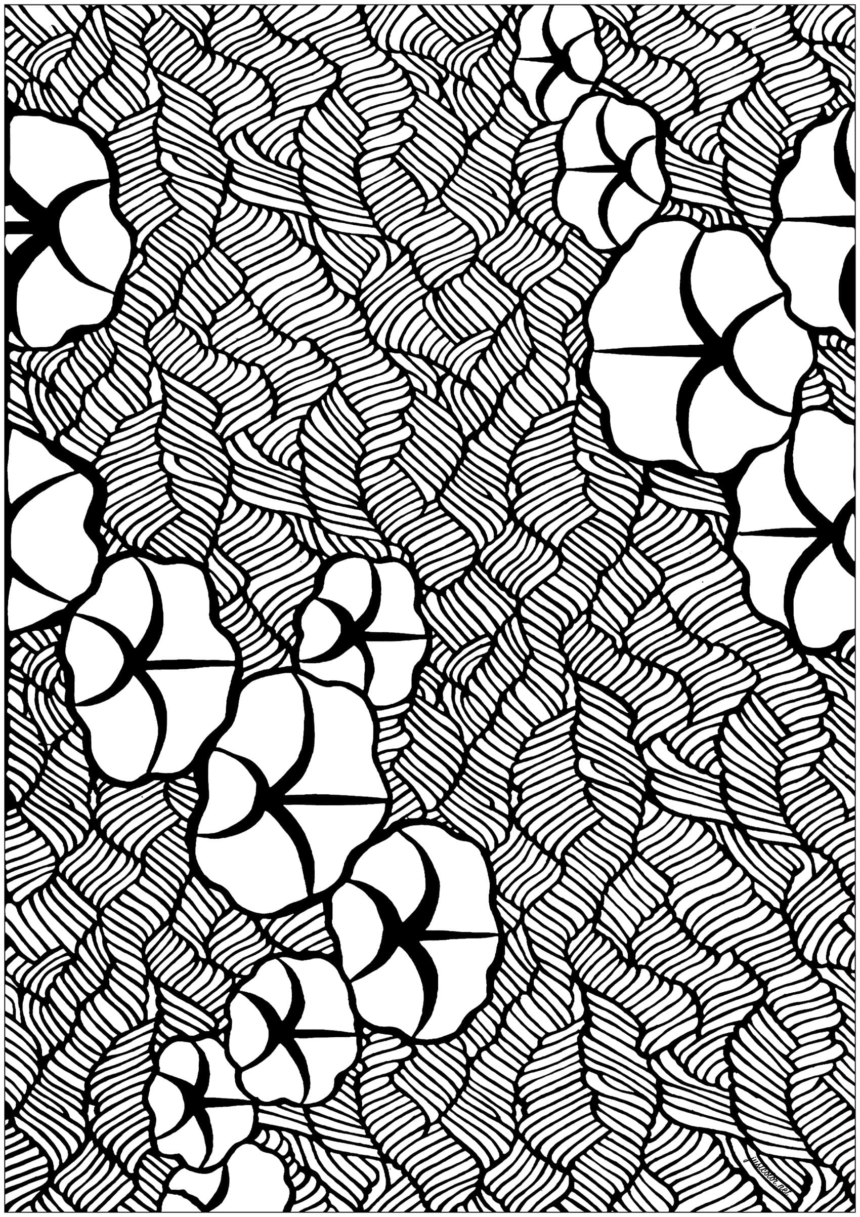 Coloração criada a partir de um estêncil do Japão, datado do século XIX - modelo 1. Os stencils são feitos de camadas de papel, coladas com um impermeabilizante, e depois recortadas. Uma rede de fios de seda é esticada entre os elementos da decoração para manter o conjunto no sítio. É necessário um estêncil para cada cor. O tamanho dos stencils corresponde à largura do quimono.