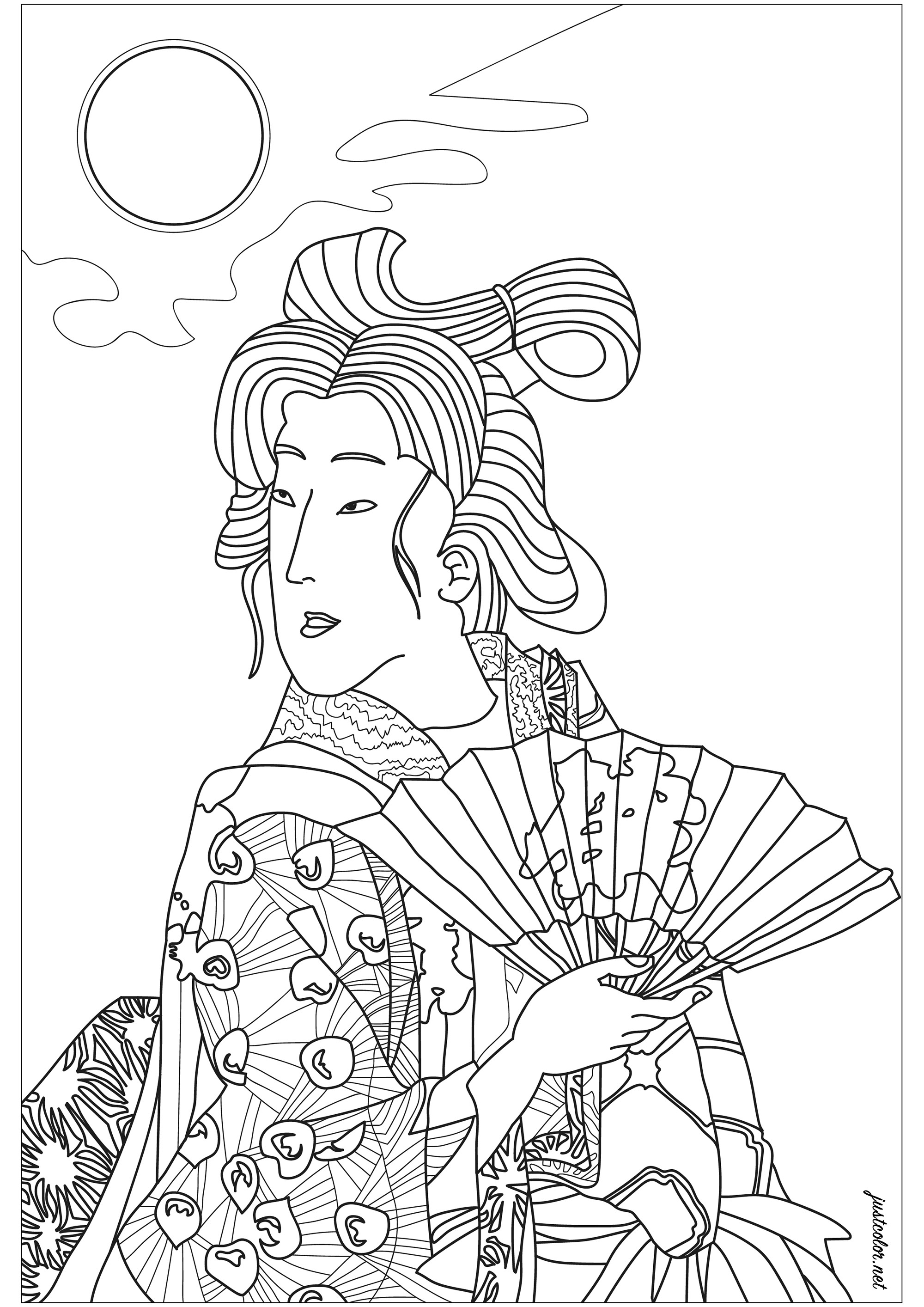 Gueixa com um leque. Retrato de uma gueixa de uma gravura japonesa do século XIX de Yoshitoshi que representa uma mulher de quimono segurando o seu leque sob a lua cheia, Artista : Morgan